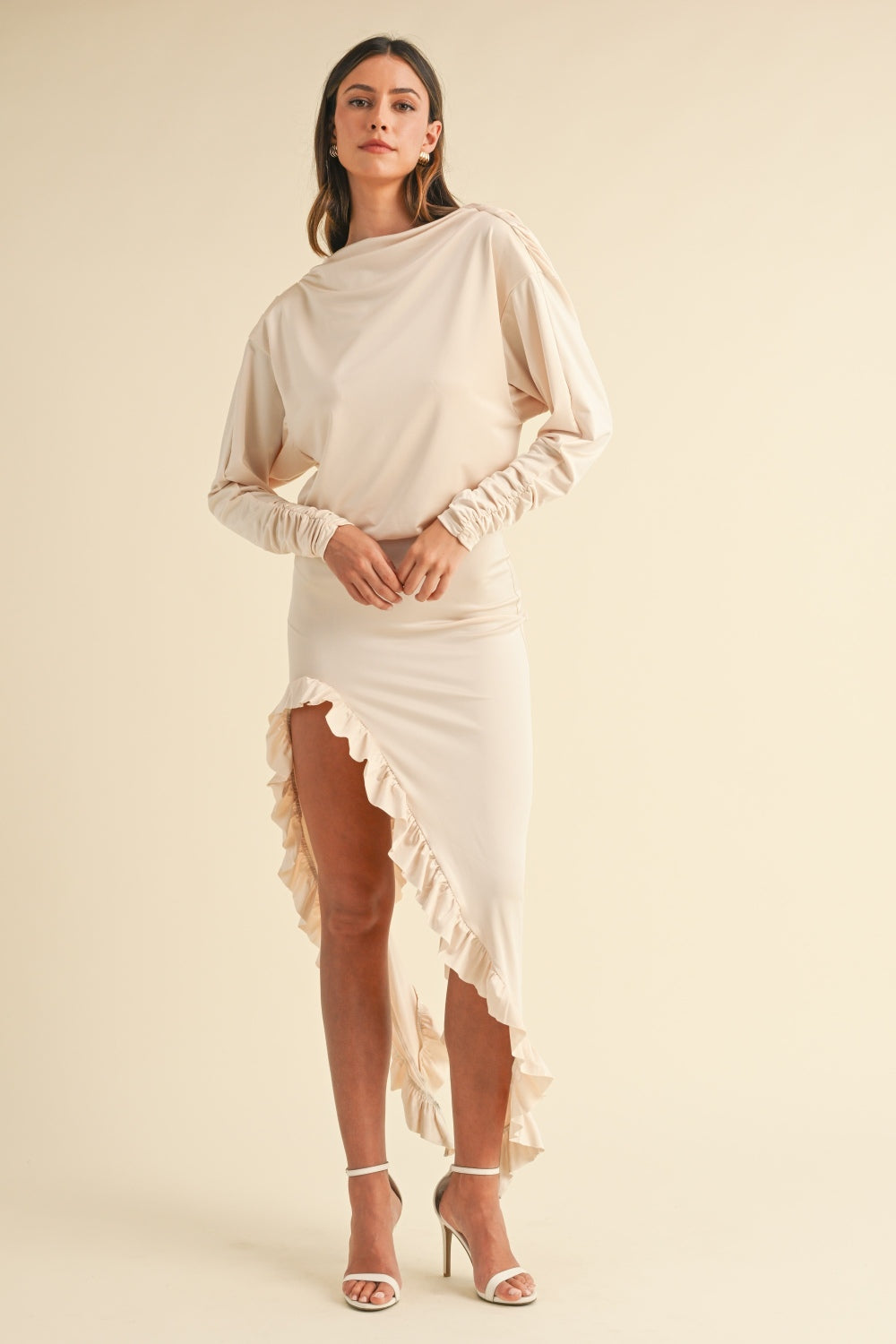 Mable Backless Asymmetric Ruffle Hem Dress, Cream / M