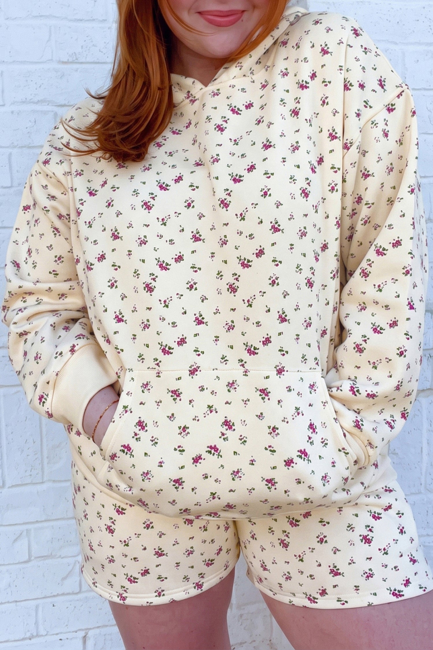 Beige Floral Print Hooded Long Sleeve Plus Size Set-Tops / Dresses-[Adult]-[Female]-2022 Online Blue Zone Planet