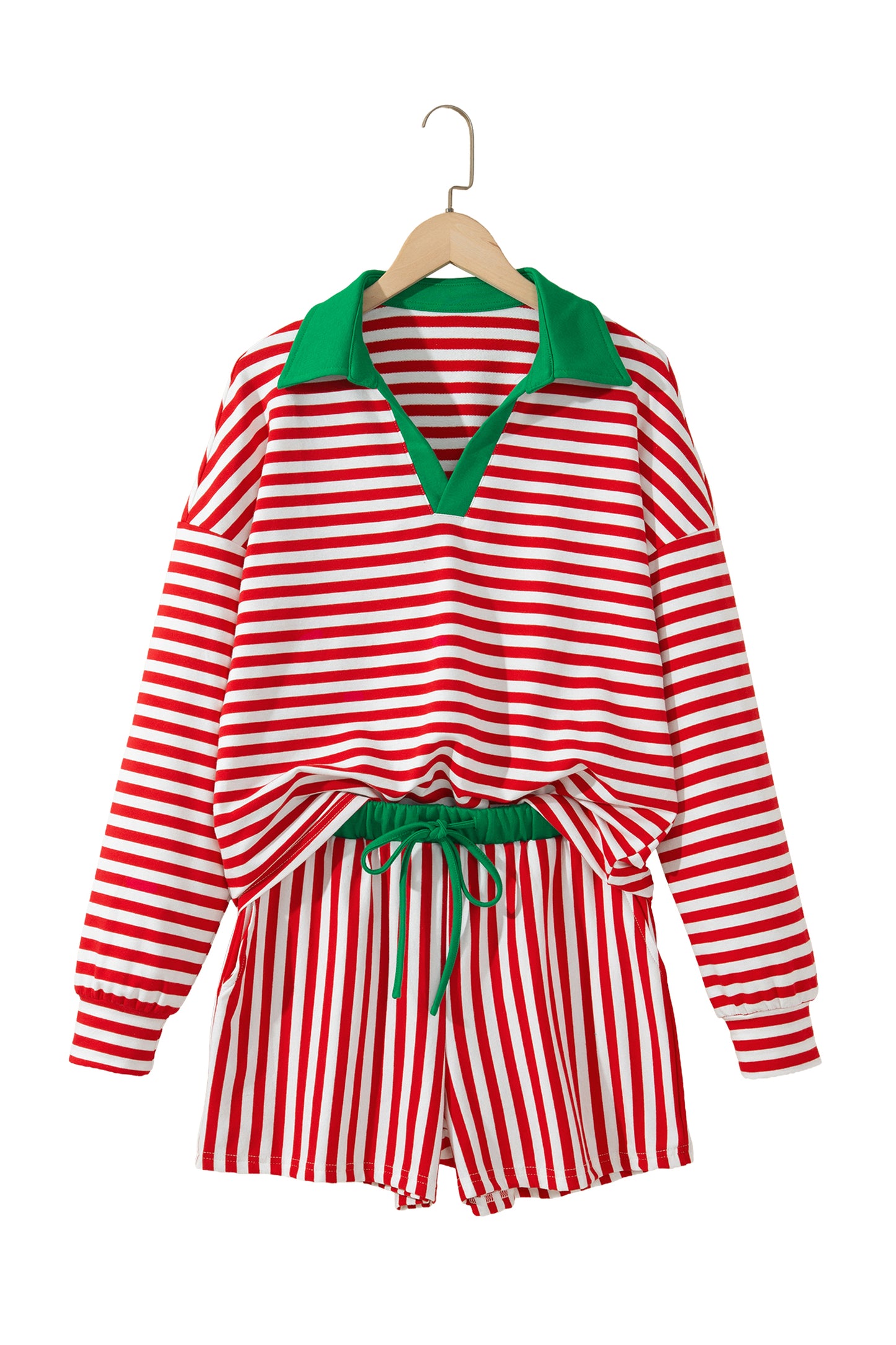 Red Stripe Colorblock Trim Polo Collar Drawstring Elastic Waist Band Casual 2pcs Outfit