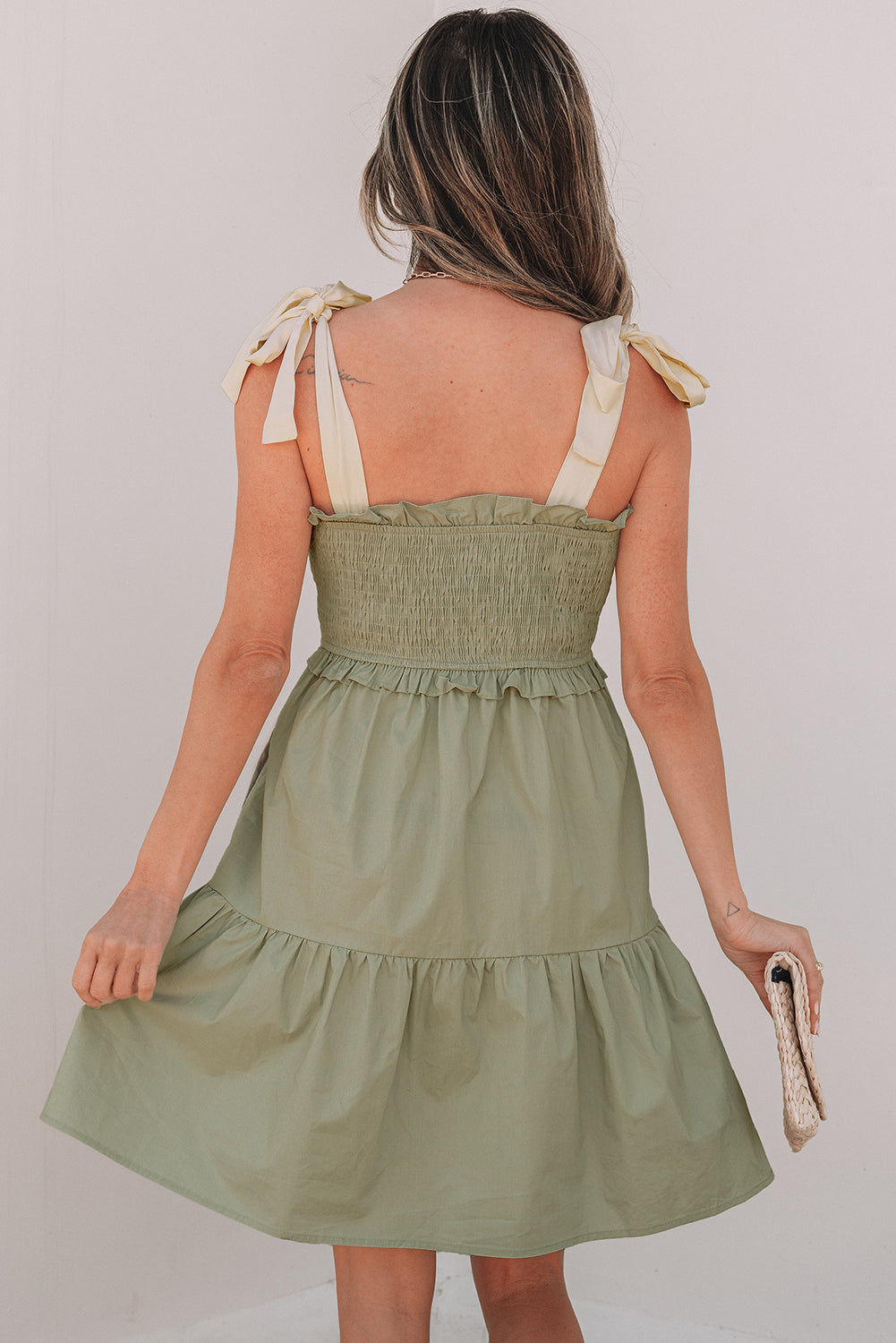 Laurel Green Smocked Bodice Self-tie Straps A-line Ruffled Mini Dress-TOPS / DRESSES-[Adult]-[Female]-2022 Online Blue Zone Planet