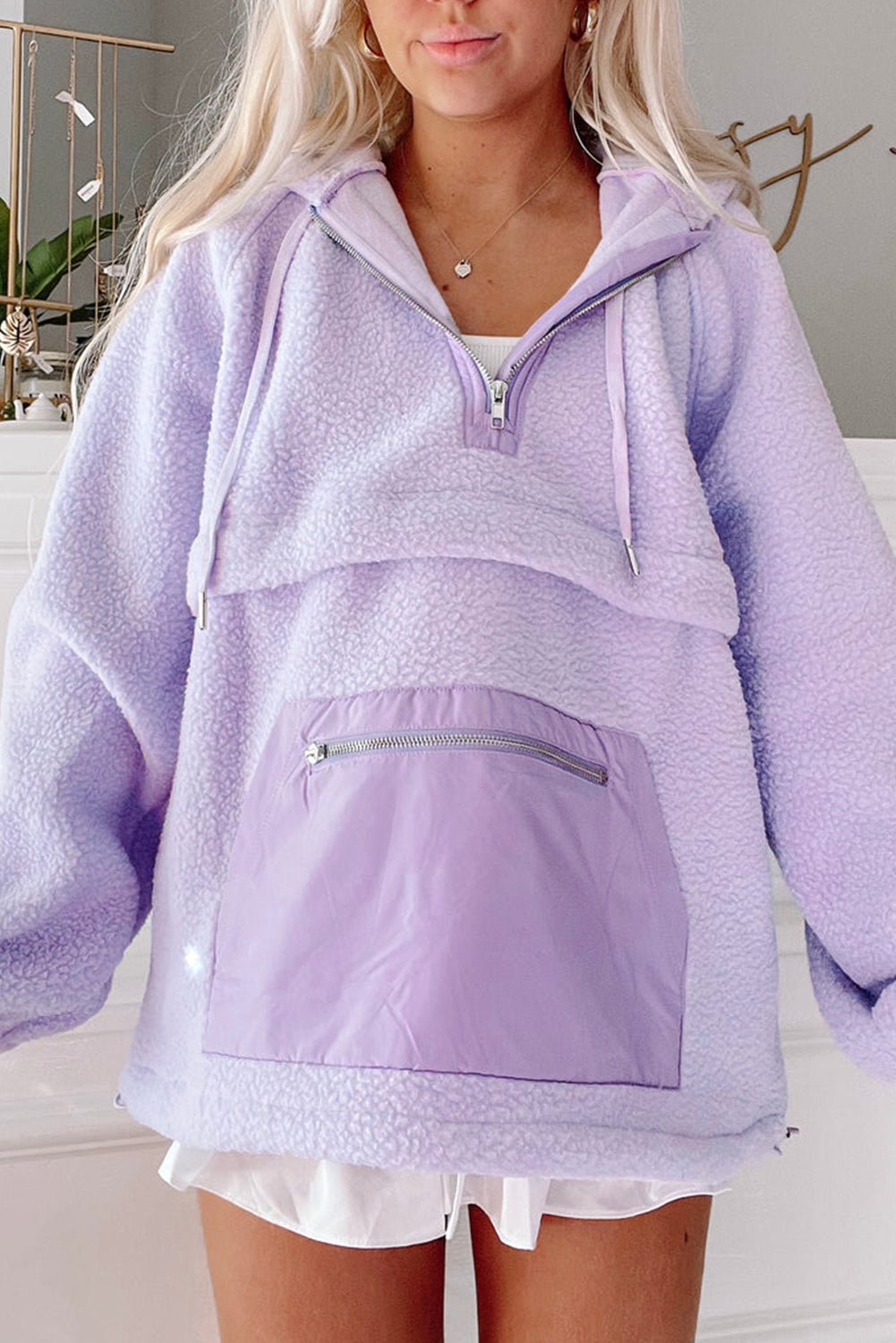 Lavendula Zipped Patch Pocket Fuzzy Drawstring Hoodie-Tops/Sweatshirts & Hoodies-[Adult]-[Female]-2022 Online Blue Zone Planet