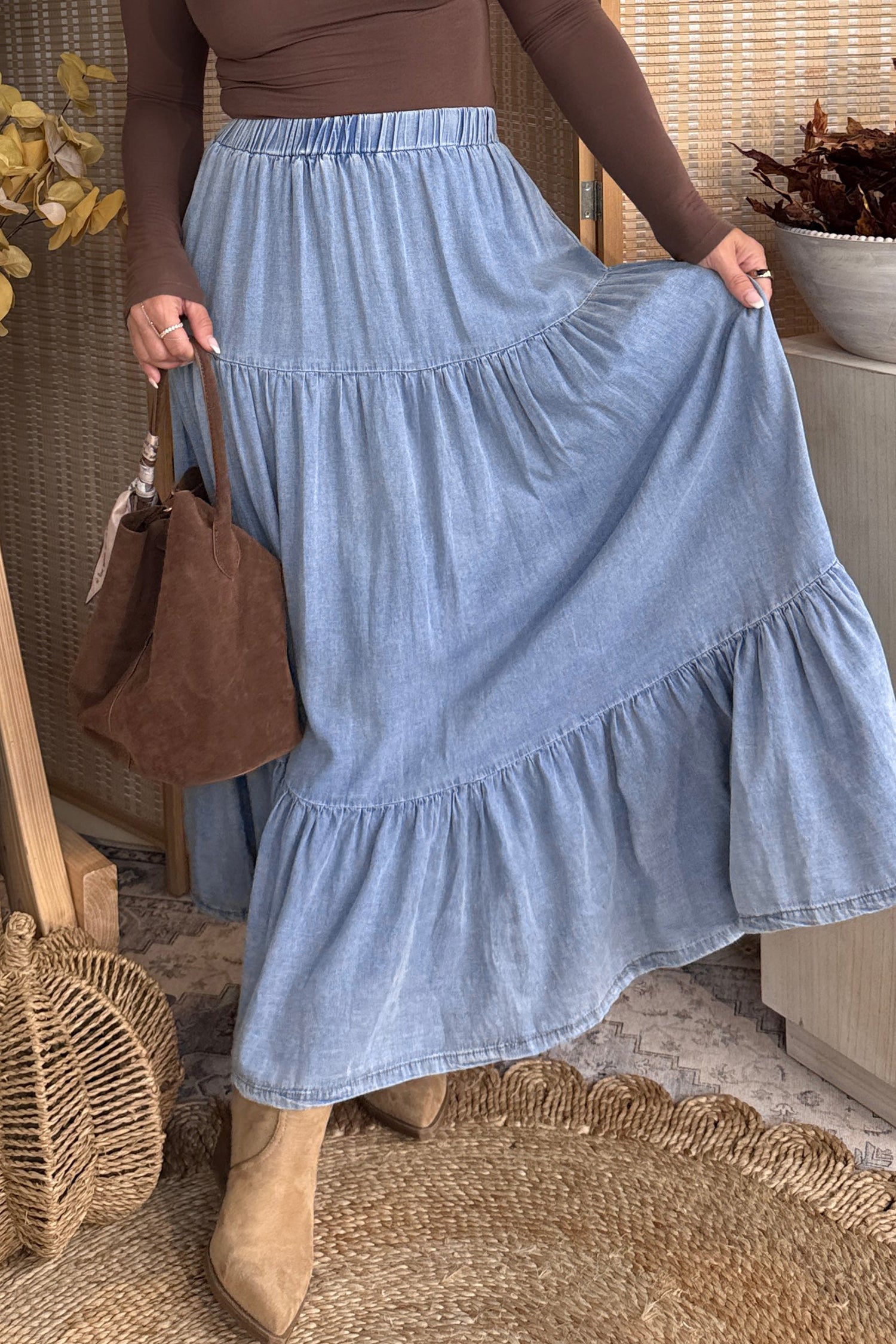 Beau Blue Elastic Waist Ruffled Tiered Flared Denim Maxi Skirt-Bottoms/Skirts & Petticoat-[Adult]-[Female]-2022 Online Blue Zone Planet