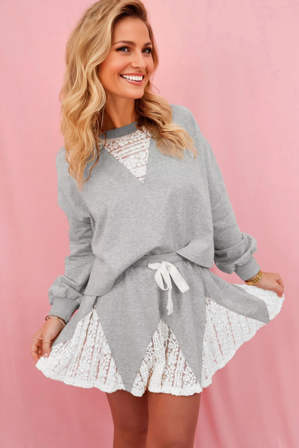 Light Grey Lace Patchwork Drop Shoulder Pullover Drawstring Skort 2pcs Outfit-Two Piece Sets/Two Piece Dresses-[Adult]-[Female]-2022 Online Blue Zone Planet
