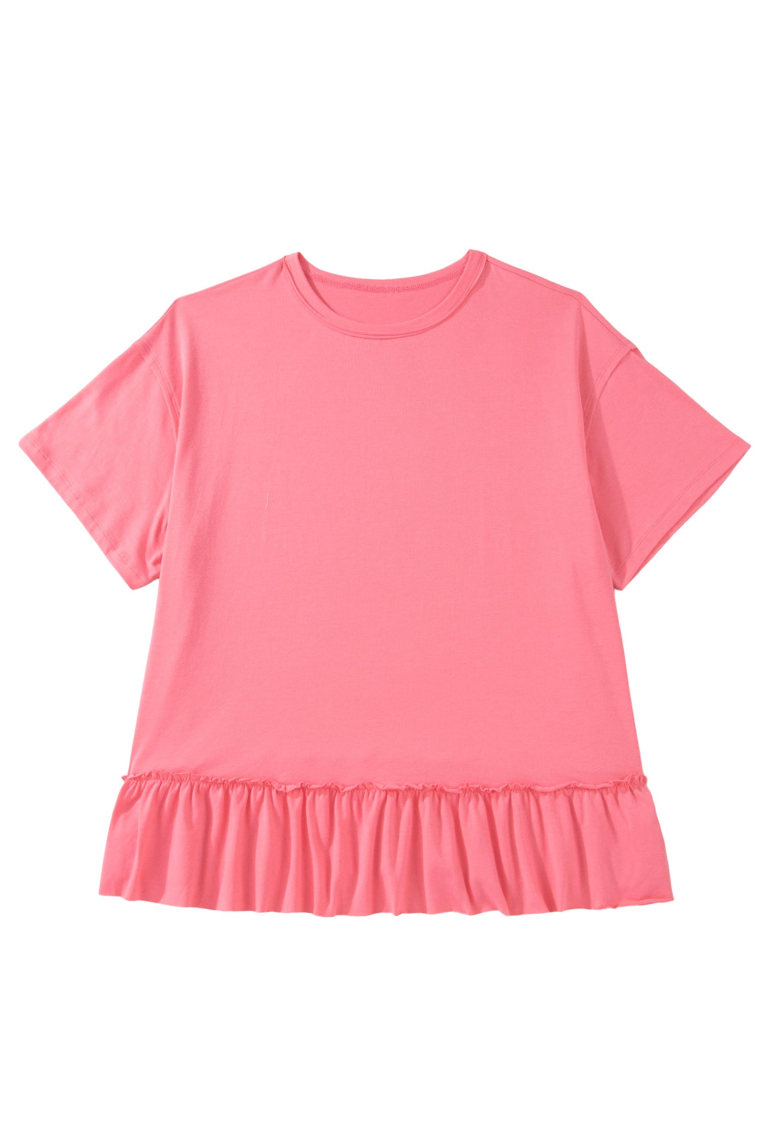 Peach Blossom Solid Color Raw Seam Detail Ruffle Hem Plus Size T Shirt-Plus Size/Plus Size Tops/Plus Size Tops & Tees-[Adult]-[Female]-2022 Online Blue Zone Planet