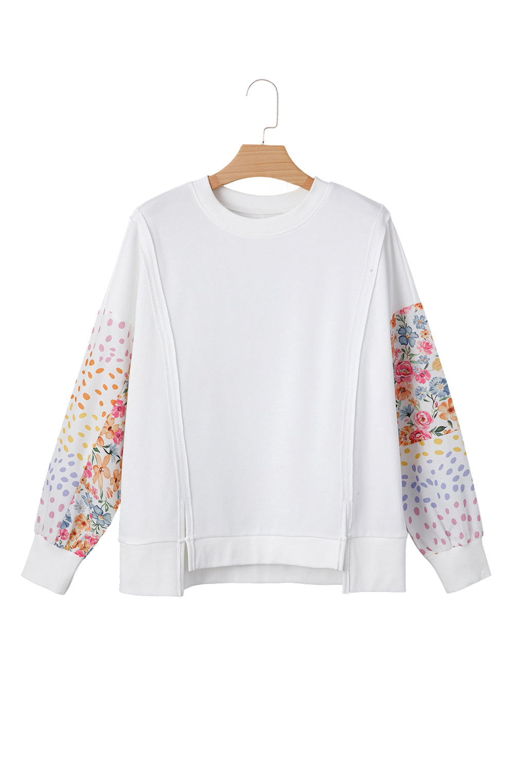 White Floral Dotted Mixed Print Patchwork Sleeve High Low Casual Sweatshirt-Tops/Sweatshirts & Hoodies-[Adult]-[Female]-2022 Online Blue Zone Planet