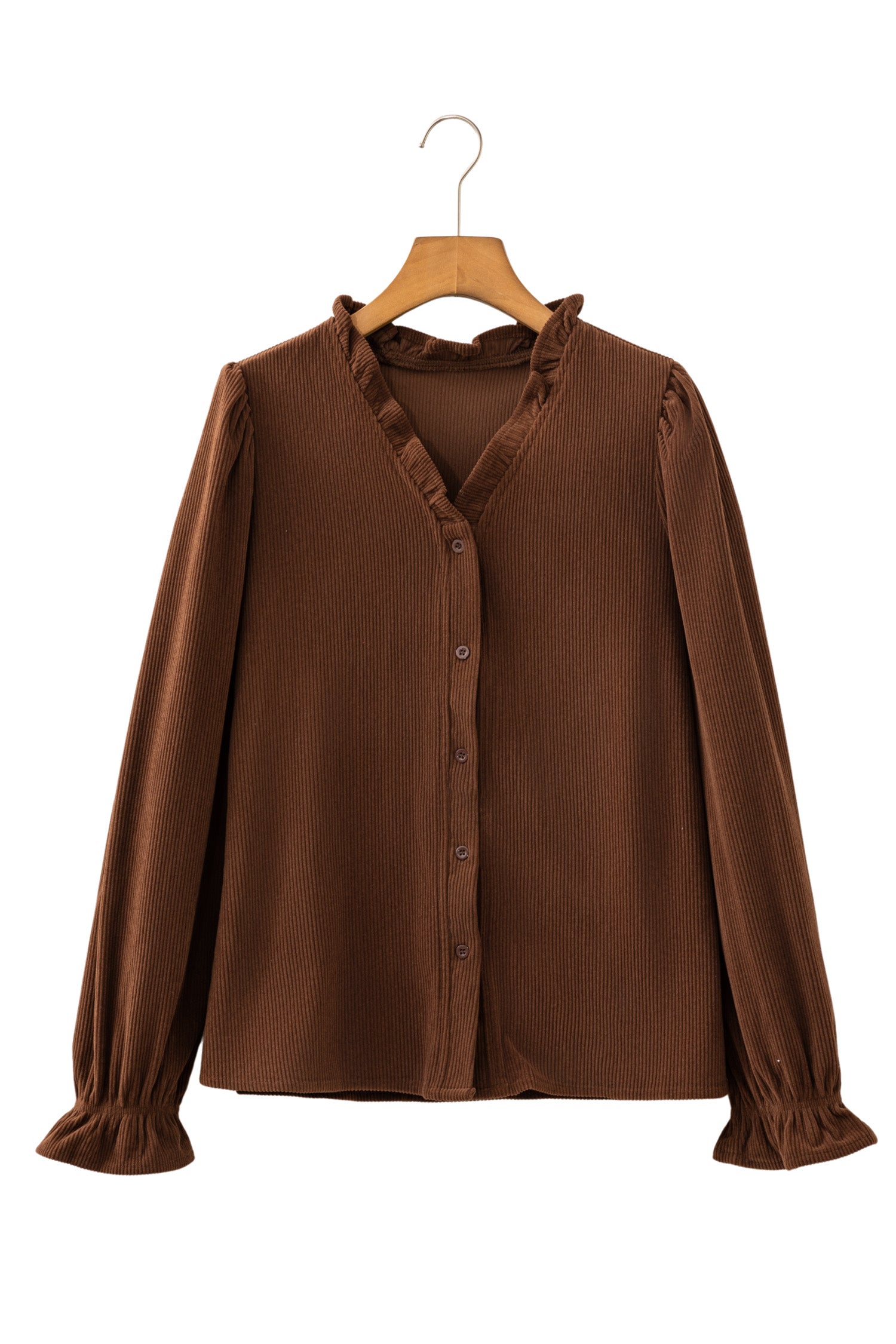 Coffee Solid Color Ruffle Trim V Neck Long Sleeve Button Corduroy Shakcet-Outerwear/Jackets-[Adult]-[Female]-2022 Online Blue Zone Planet