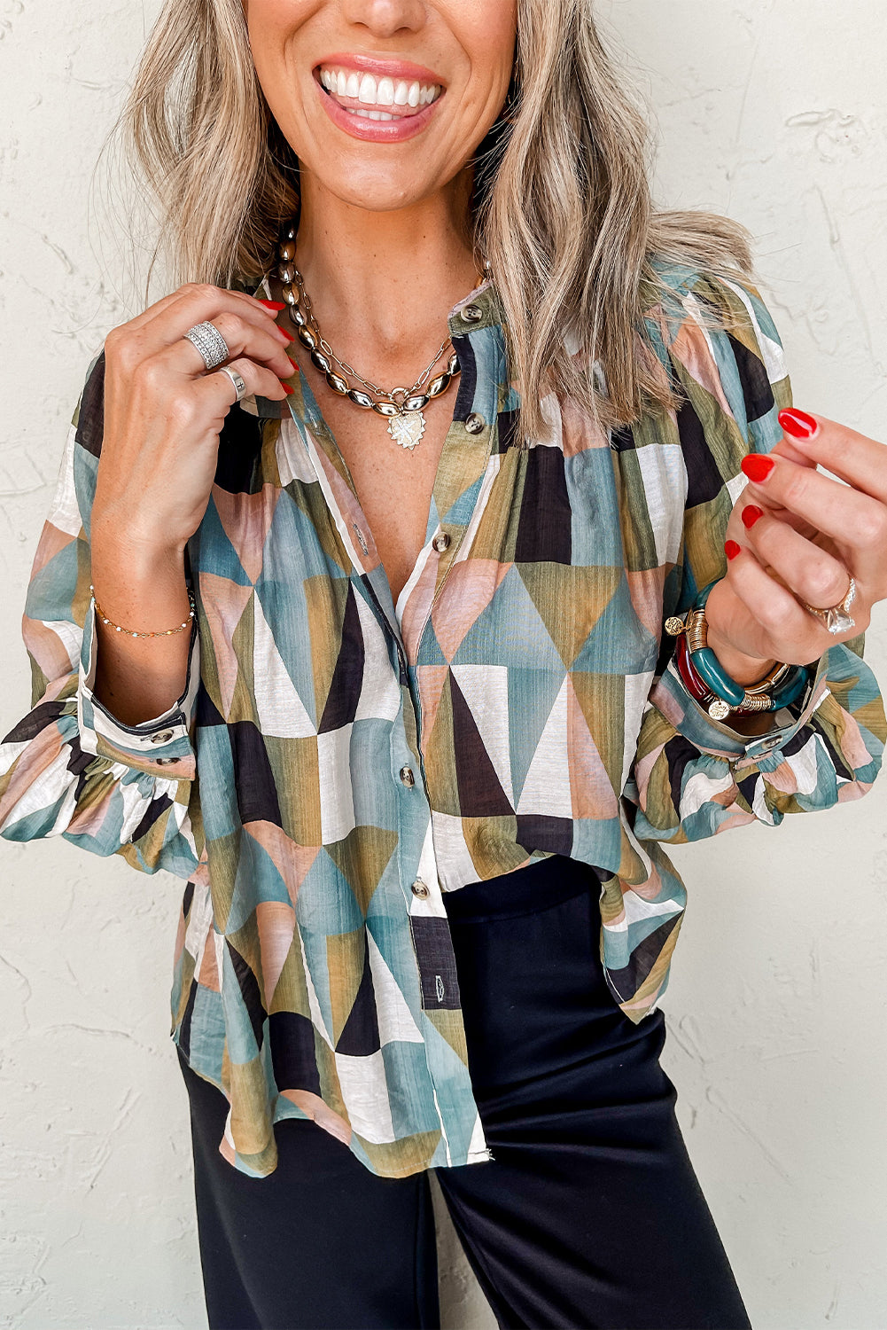 Green Geometric Print Buttoned Balloon Sleeve Loose Fit Shirt-Tops/Blouses & Shirts-[Adult]-[Female]-Green-S-2022 Online Blue Zone Planet