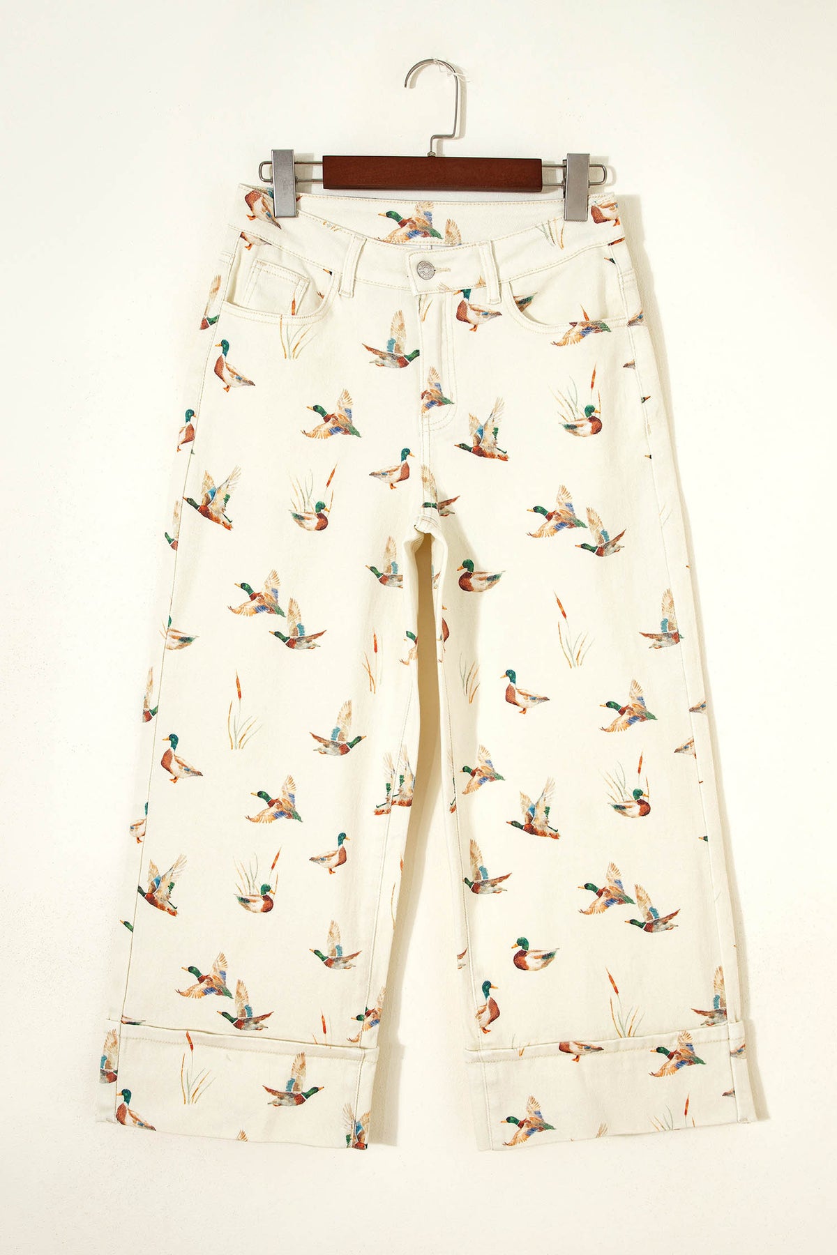 Beige Stylish Mallard Printed Cuffed Hem Shift Jeans-Bottoms/Jeans-[Adult]-[Female]-2022 Online Blue Zone Planet