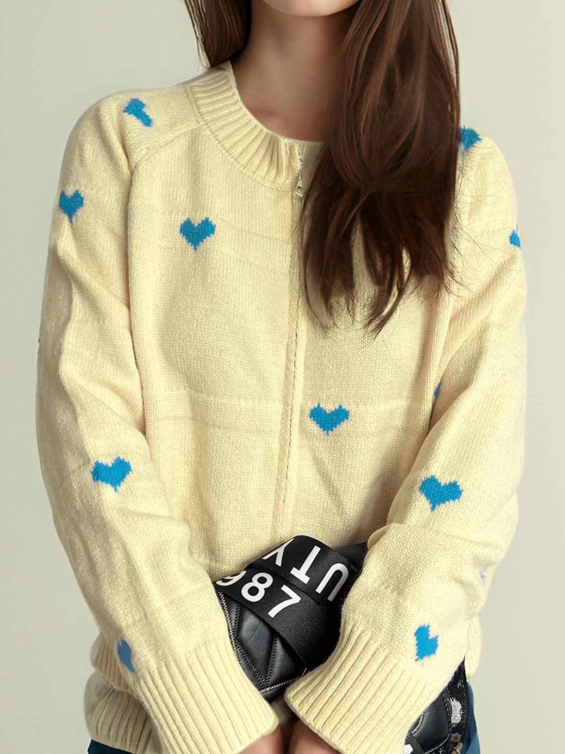 Heart Round Neck Zip Up Cardigan-NEW ARRIVALS-[Adult]-[Female]-2022 Online Blue Zone Planet