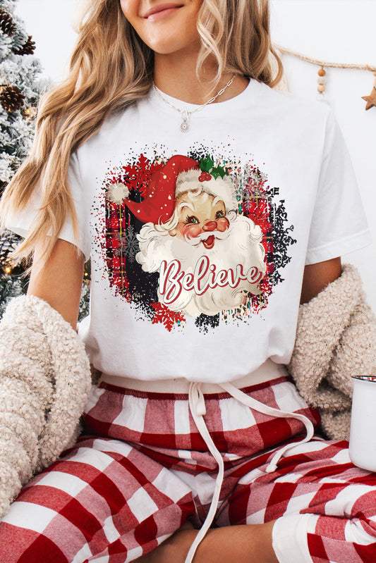 White Believe Christmas Father Graphic Crewneck T Shirt-Graphic/Graphic Tees-[Adult]-[Female]-White-S-2022 Online Blue Zone Planet
