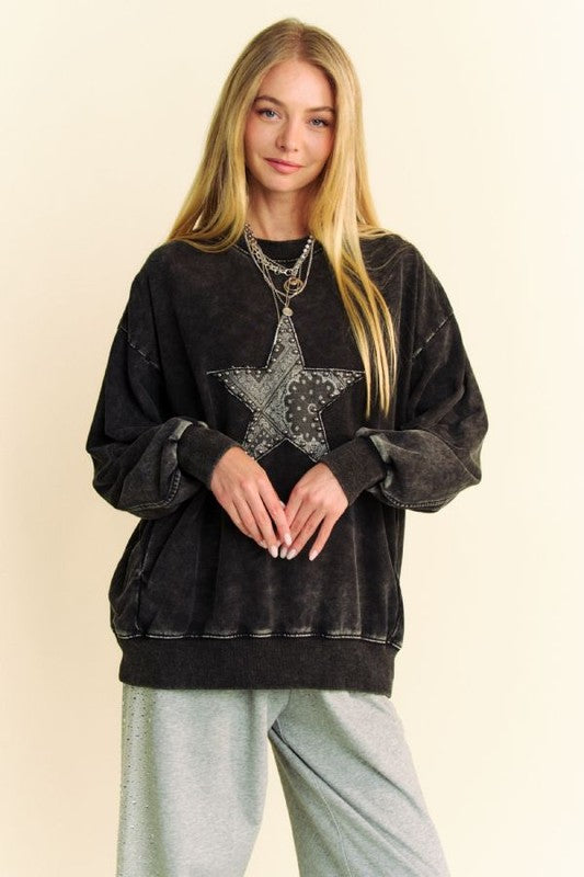 Davi & Dani Stud Star Patch Acid Washed Sweatshirt-TOPS / DRESSES-[Adult]-[Female]-2022 Online Blue Zone Planet