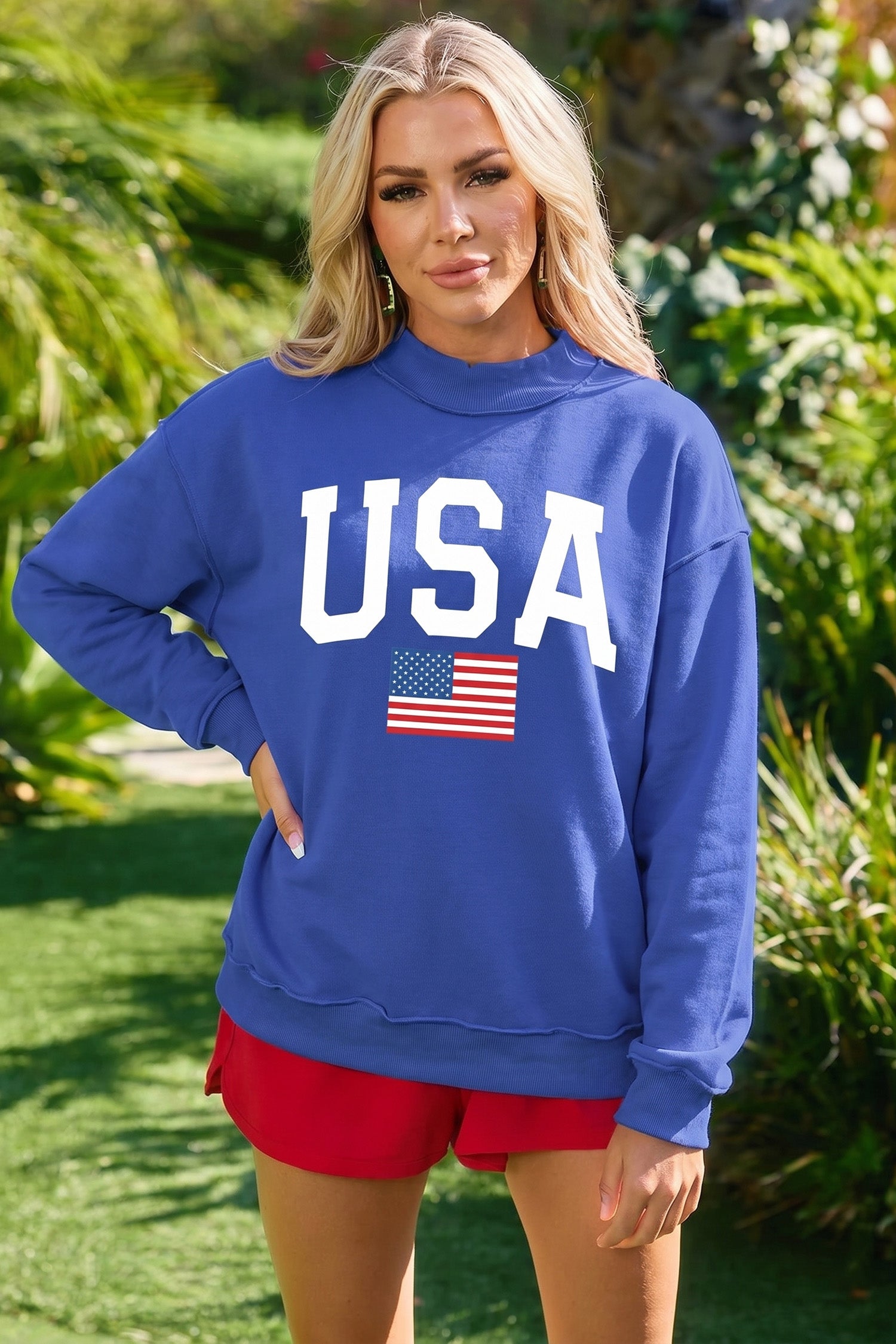 Racing Red Mock Neck Reversible USA/America Graphic Sweatshirt-Graphic/Graphic Sweatshirts-[Adult]-[Female]-2022 Online Blue Zone Planet