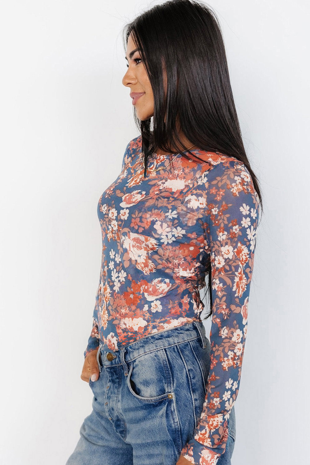 Black Floral Print Mesh Fitted Long Sleeve Top