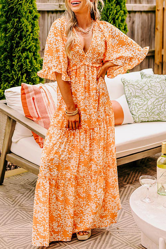 Orange Floral Print Smocked V Neck Wide Sleeve Maxi Dress-Dresses/Floral Dresses-[Adult]-[Female]-Orange-S-2022 Online Blue Zone Planet