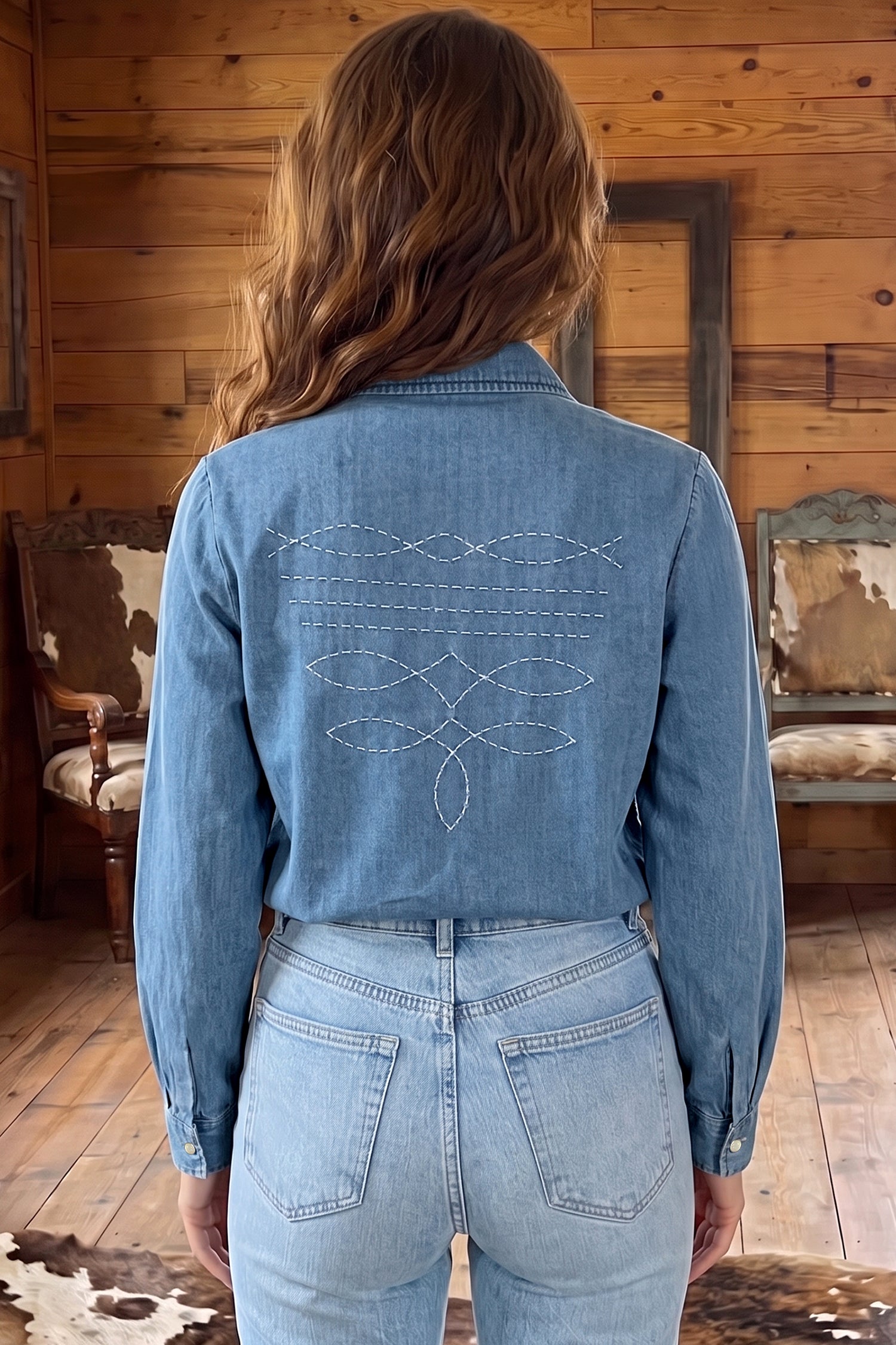 Myosotis Embroidered Western Detail Long Sleeve Collar Shirt-Tops/Blouses & Shirts-[Adult]-[Female]-2022 Online Blue Zone Planet