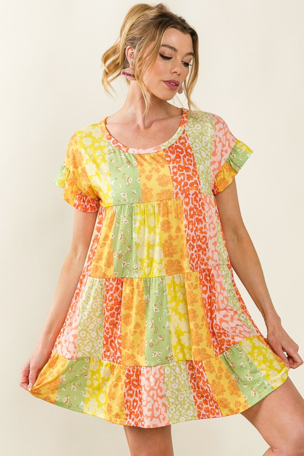 BiBi Leopard Short Sleeve Tiered Dress Orange/Lime / M BiBi Leopard Short Sleeve Tiered Dress Orange/Lime / M