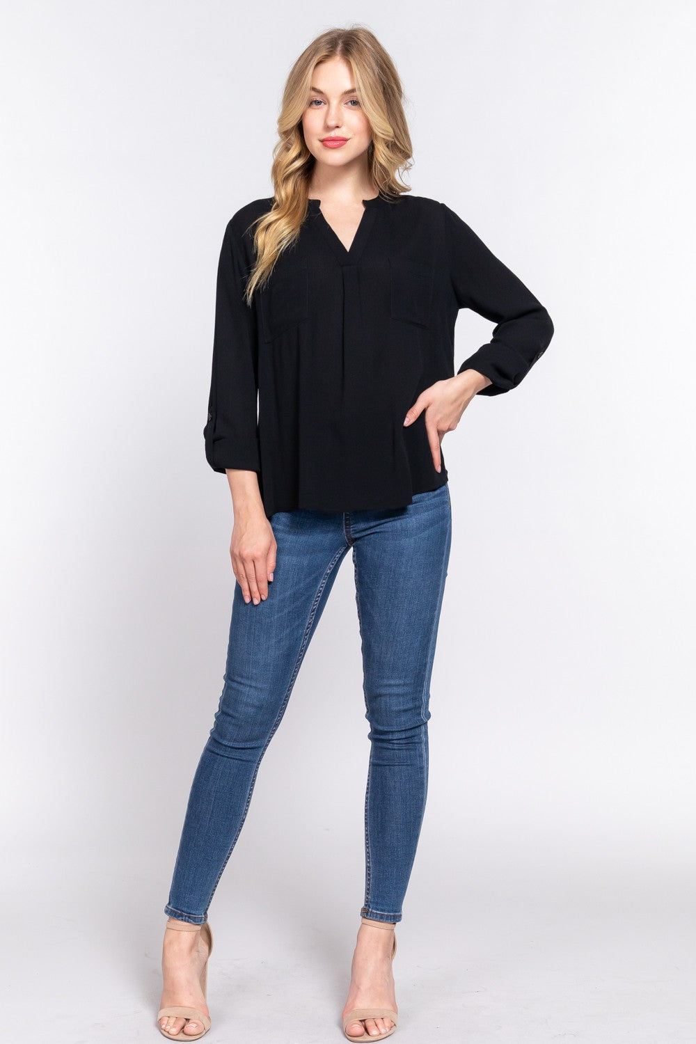 ACTIVE BASIC Full Size Notched Long Sleeve Woven Top-TOPS / DRESSES-[Adult]-[Female]-2022 Online Blue Zone Planet