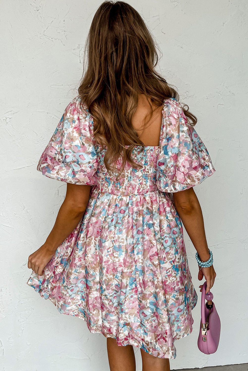 Pink Floral Puff Sleeve Square Neck Smock Ruffled Dress Blue Zone Planet