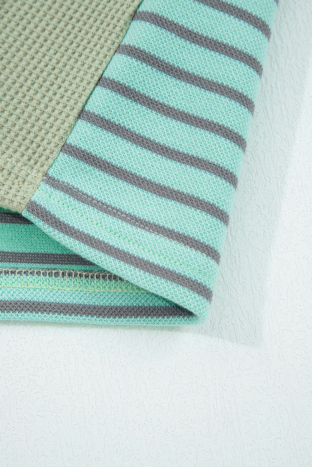 Meadow Mist Green Exposed Seam Waffle Striped Patchwork Baggy Pullover-Tops/Long Sleeve Tops-[Adult]-[Female]-2022 Online Blue Zone Planet
