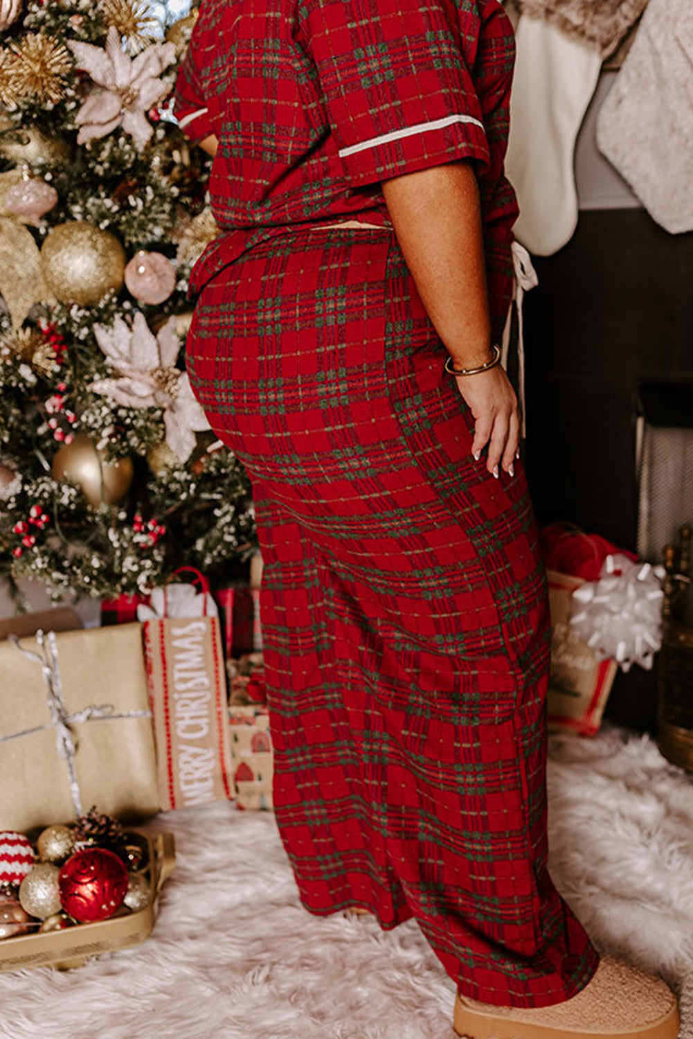 Red Plus Size Plaid Short Sleeve Shirt Loose Pants 2pcs Pajama Set-Plus Size/Plus Size Loungewear-[Adult]-[Female]-2022 Online Blue Zone Planet