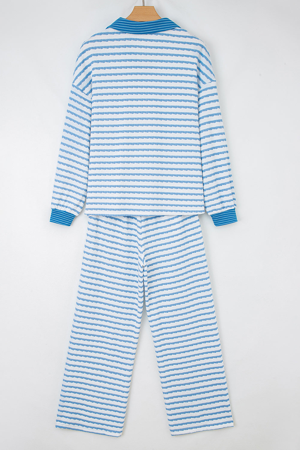Sky Blue Stripe Collared Pullover Top and Drawstring Pant Set-Two Piece Sets/Pant Sets-[Adult]-[Female]-2022 Online Blue Zone Planet