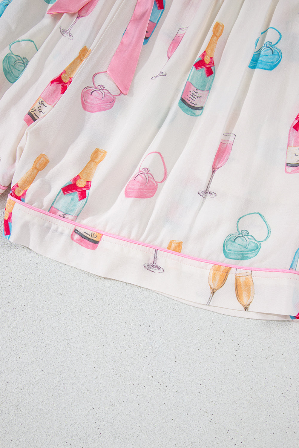 White Wine Glass Print Ribbon Bow Decor Plus Size Pajama Set-Plus Size Matching Sets-[Adult]-[Female]-2022 Online Blue Zone Planet
