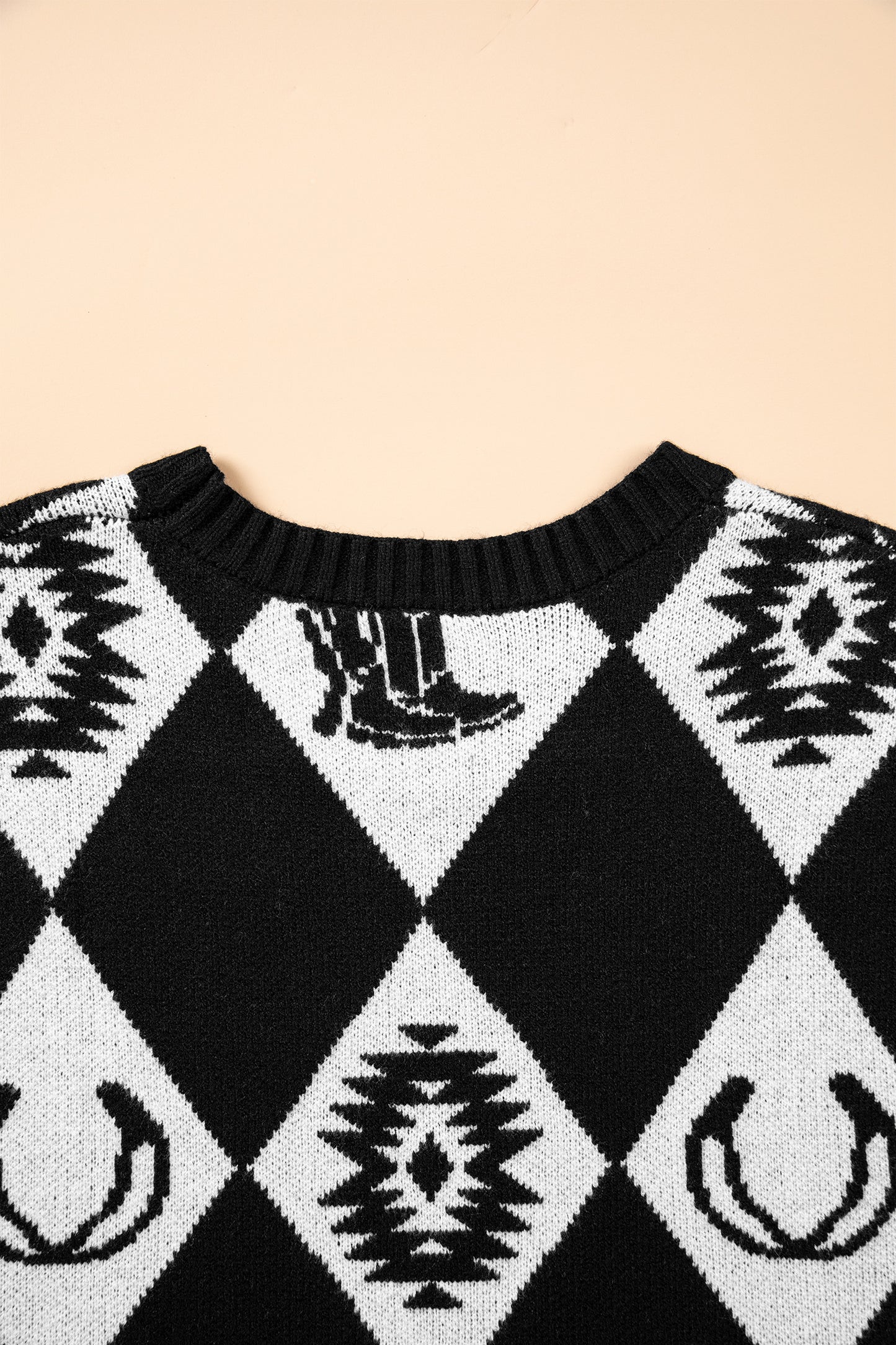 Black Retro Rhombus Western Print Drop Shoulder Short Sleeve Sweater-Sweaters & Cardigans/Short Sleeve Sweaters-[Adult]-[Female]-2022 Online Blue Zone Planet
