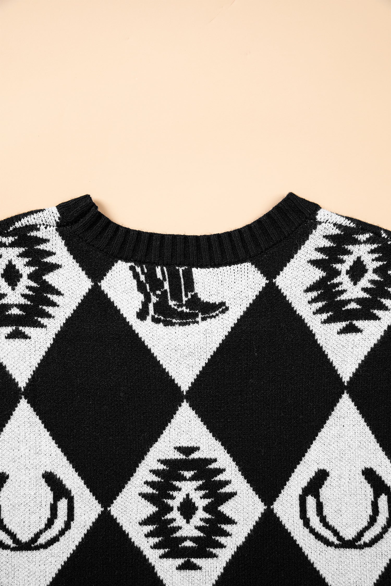 Black Retro Rhombus Western Print Drop Shoulder Short Sleeve Sweater-Sweaters & Cardigans/Short Sleeve Sweaters-[Adult]-[Female]-2022 Online Blue Zone Planet