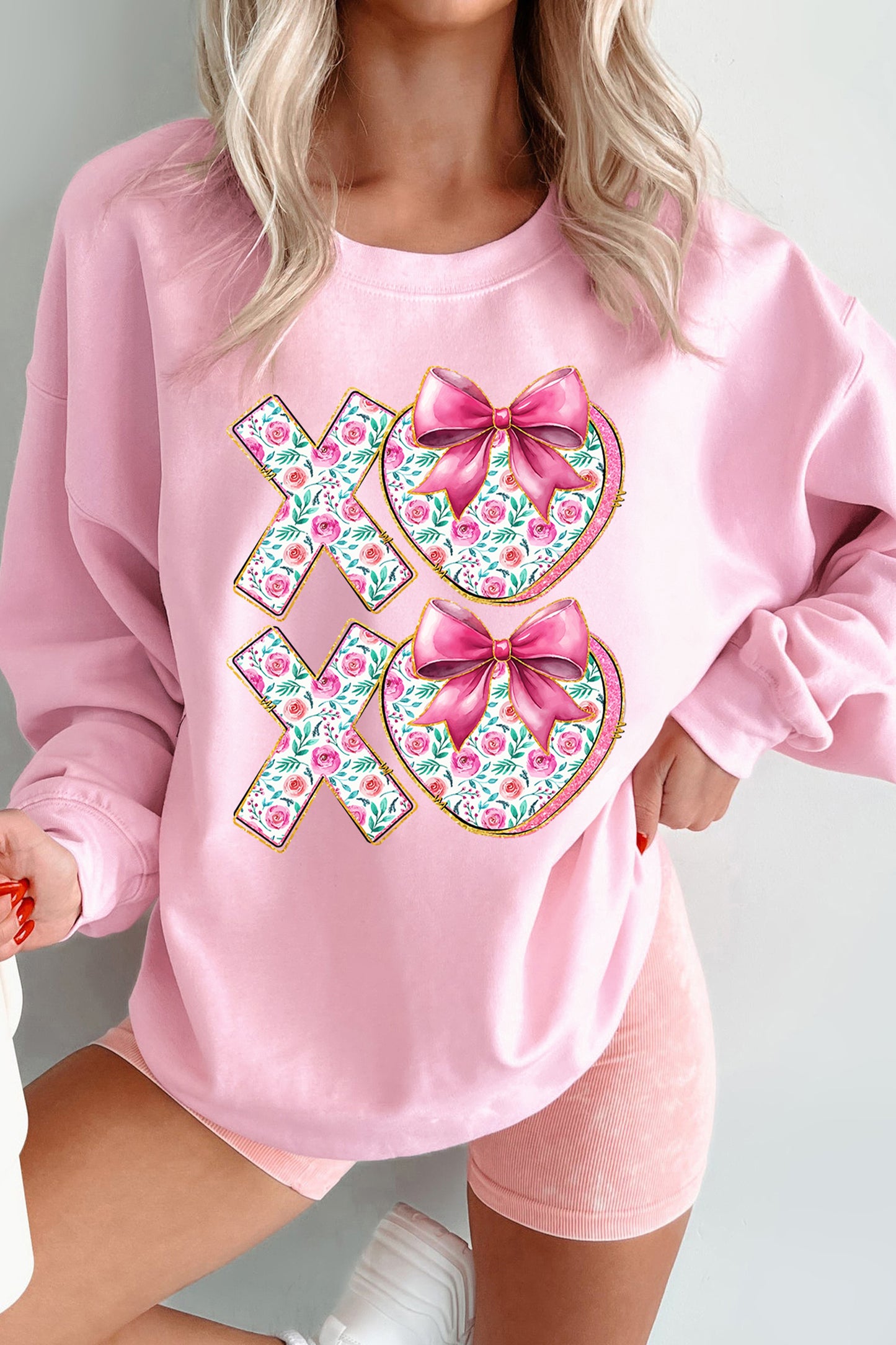 Pink Sweet Bow Floral Printed Valentines Day XOXO Sweatshirt-Graphic Sweatshirts-[Adult]-[Female]-2022 Online Blue Zone Planet