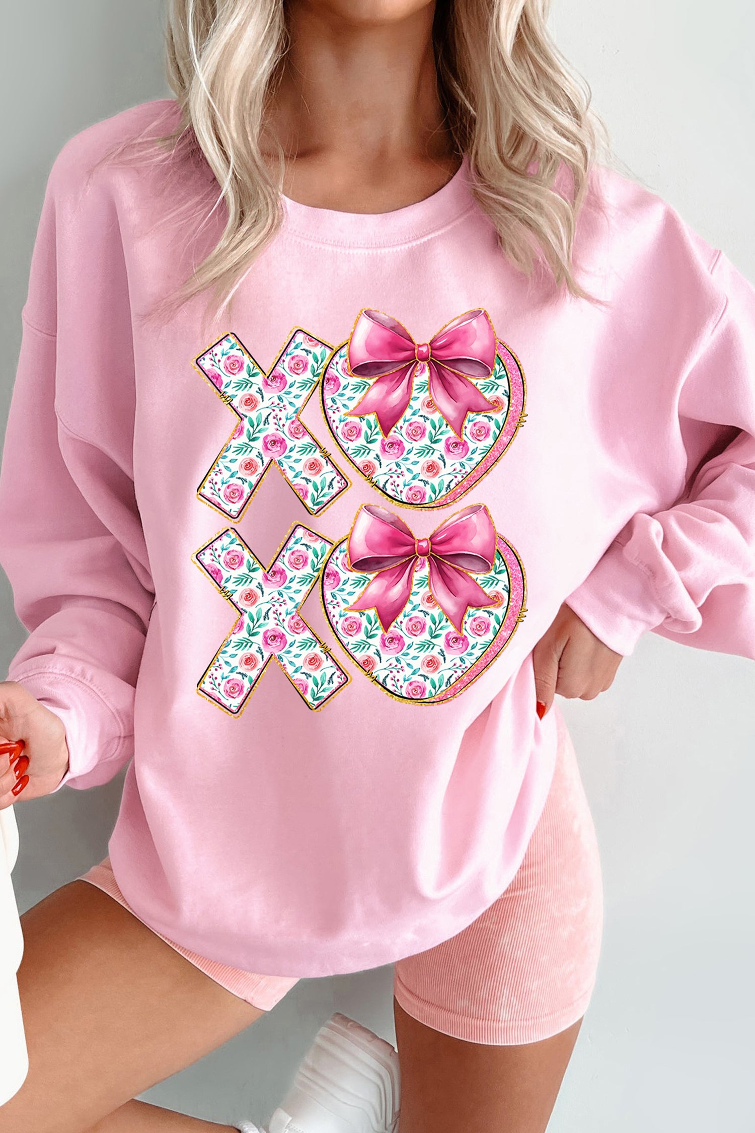Pink Sweet Bow Floral Printed Valentines Day XOXO Sweatshirt-Graphic Sweatshirts-[Adult]-[Female]-2022 Online Blue Zone Planet