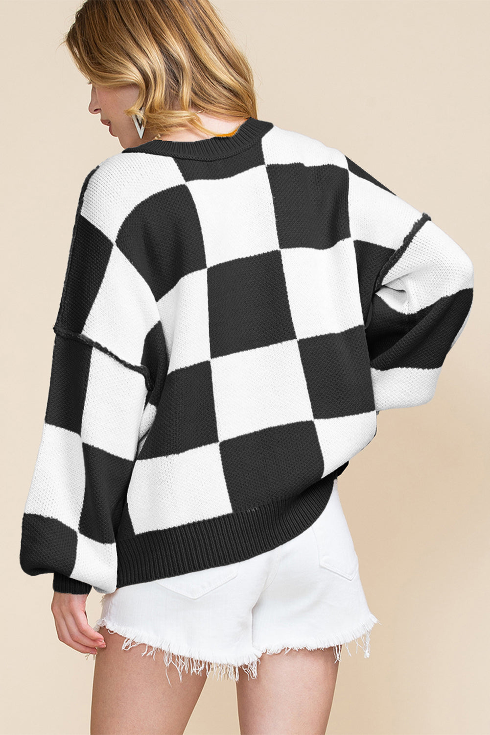 Blue Zone Planet | Pink Checked Bishop Sleeve Pullover Sweater-Sweaters-[Adult]-[Female]-2022 Online Blue Zone Planet