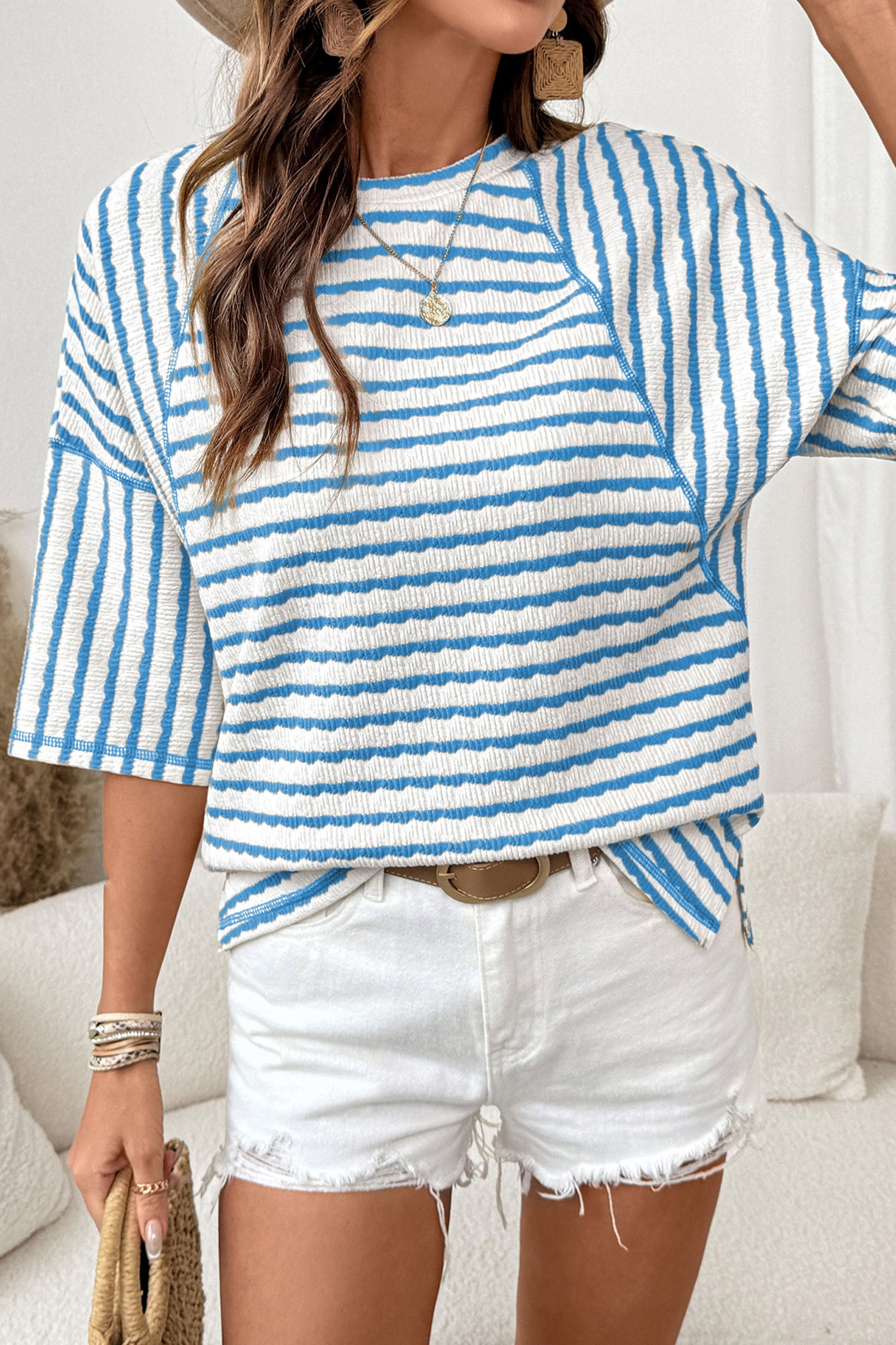 Sky Blue Stripe Textured Knit Split Hem Half Sleeve Loose Top-Tops/Tops & Tees-[Adult]-[Female]-Sky Blue Stripe-S-2022 Online Blue Zone Planet