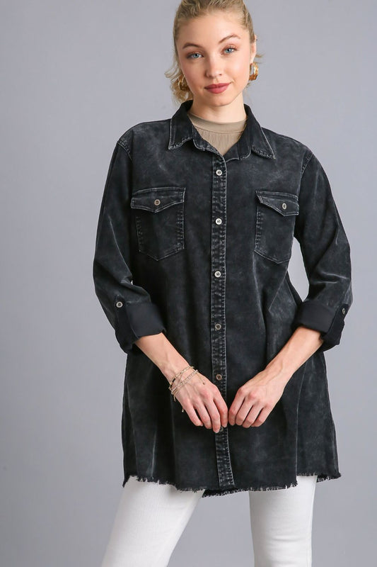 Umgee Raw Hem Button Down Denim Jacket with Chest Pockets-TOPS / DRESSES-[Adult]-[Female]-Black-S-2022 Online Blue Zone Planet