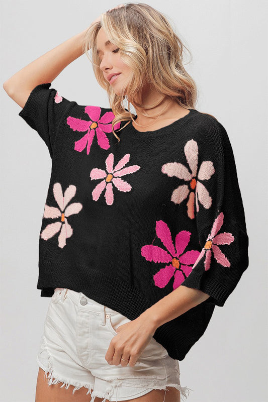 BiBi Floral Pattern Cropped Sweater-TOPS / DRESSES-[Adult]-[Female]-Black/Pink/Fuchsia-S-2022 Online Blue Zone Planet