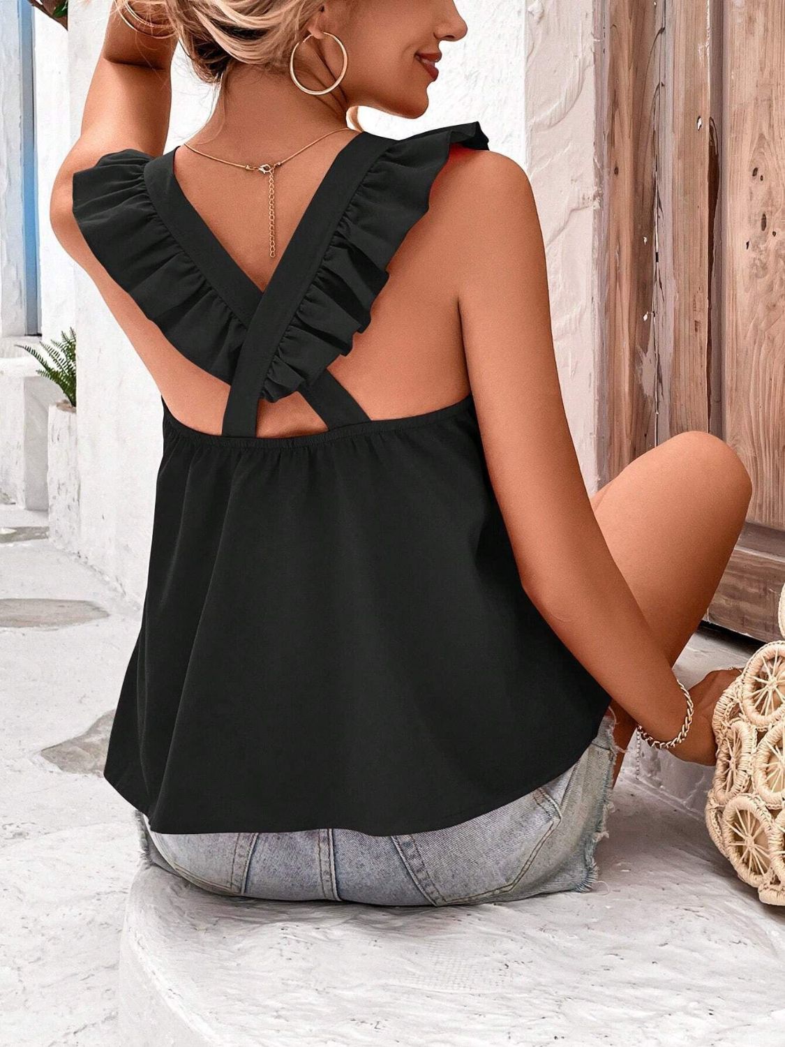 Crisscross Back Ruffled Round Neck Cap Sleeve Blouse-TOPS / DRESSES-[Adult]-[Female]-2022 Online Blue Zone Planet