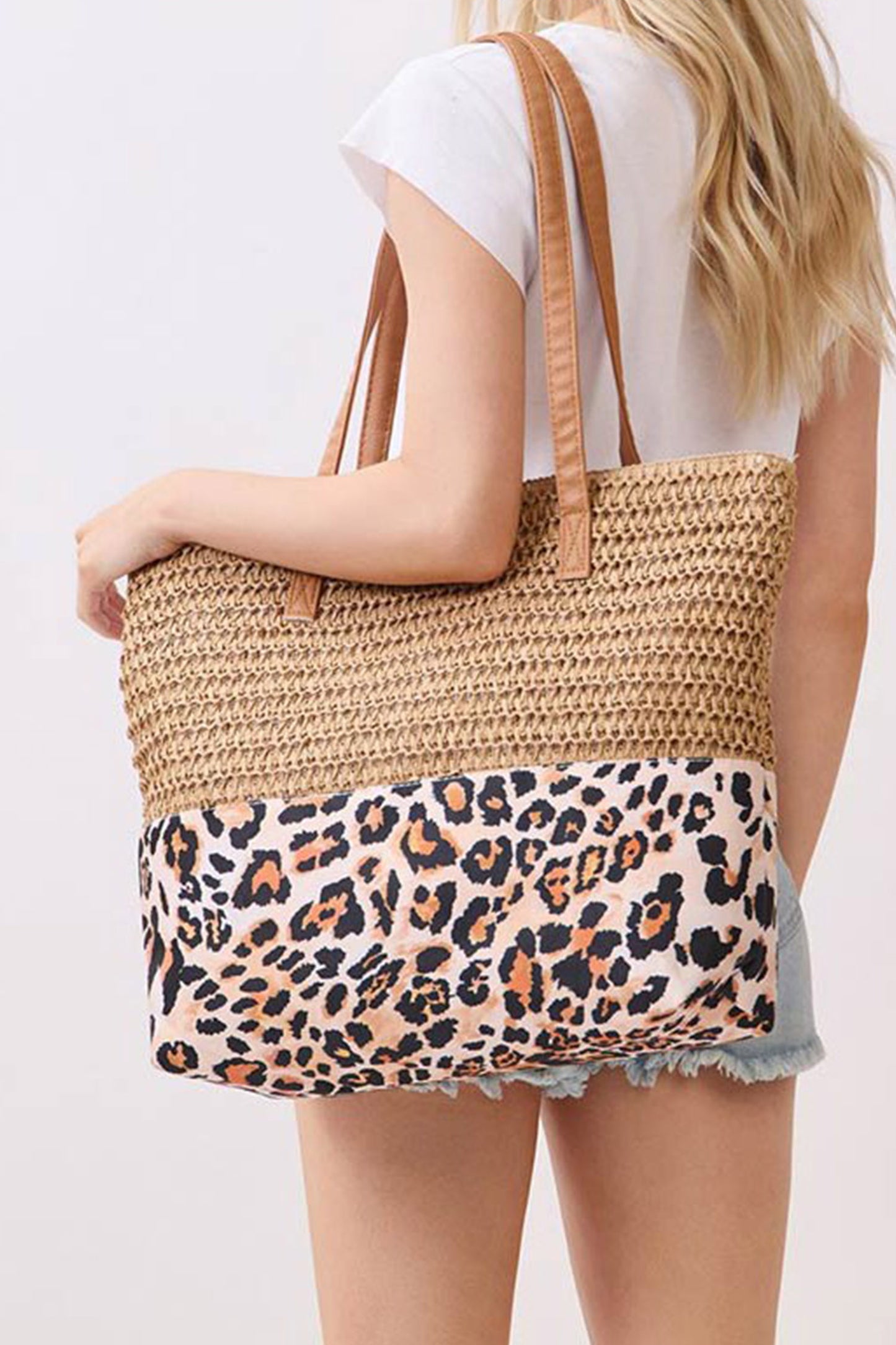 Beige Straw Woven Leopard Patchwork Large Tote Bag