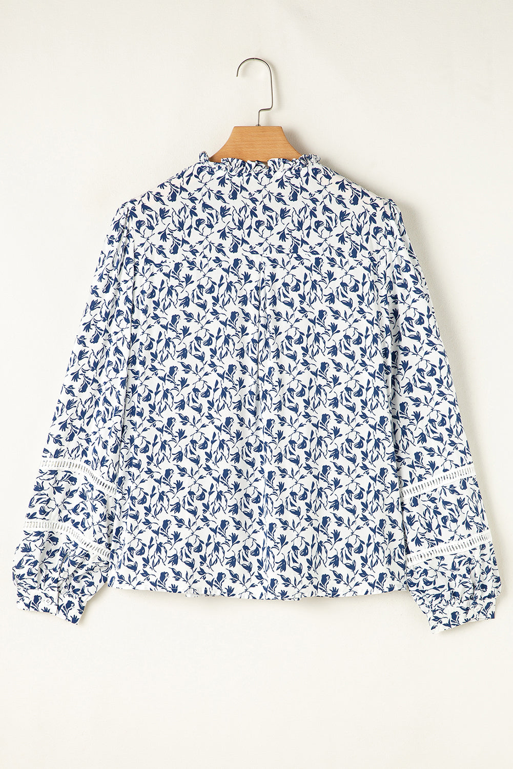 Blue Printed Lace Detail Floral Puff Sleeve Fall Shirt-Tops/Blouses & Shirts-[Adult]-[Female]-2022 Online Blue Zone Planet