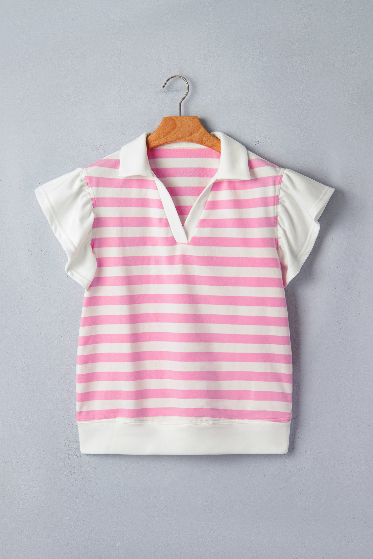 Pink Stripe Collar V Neck Ruffled Short Sleeve Blouse-Tops/Blouses & Shirts-[Adult]-[Female]-2022 Online Blue Zone Planet