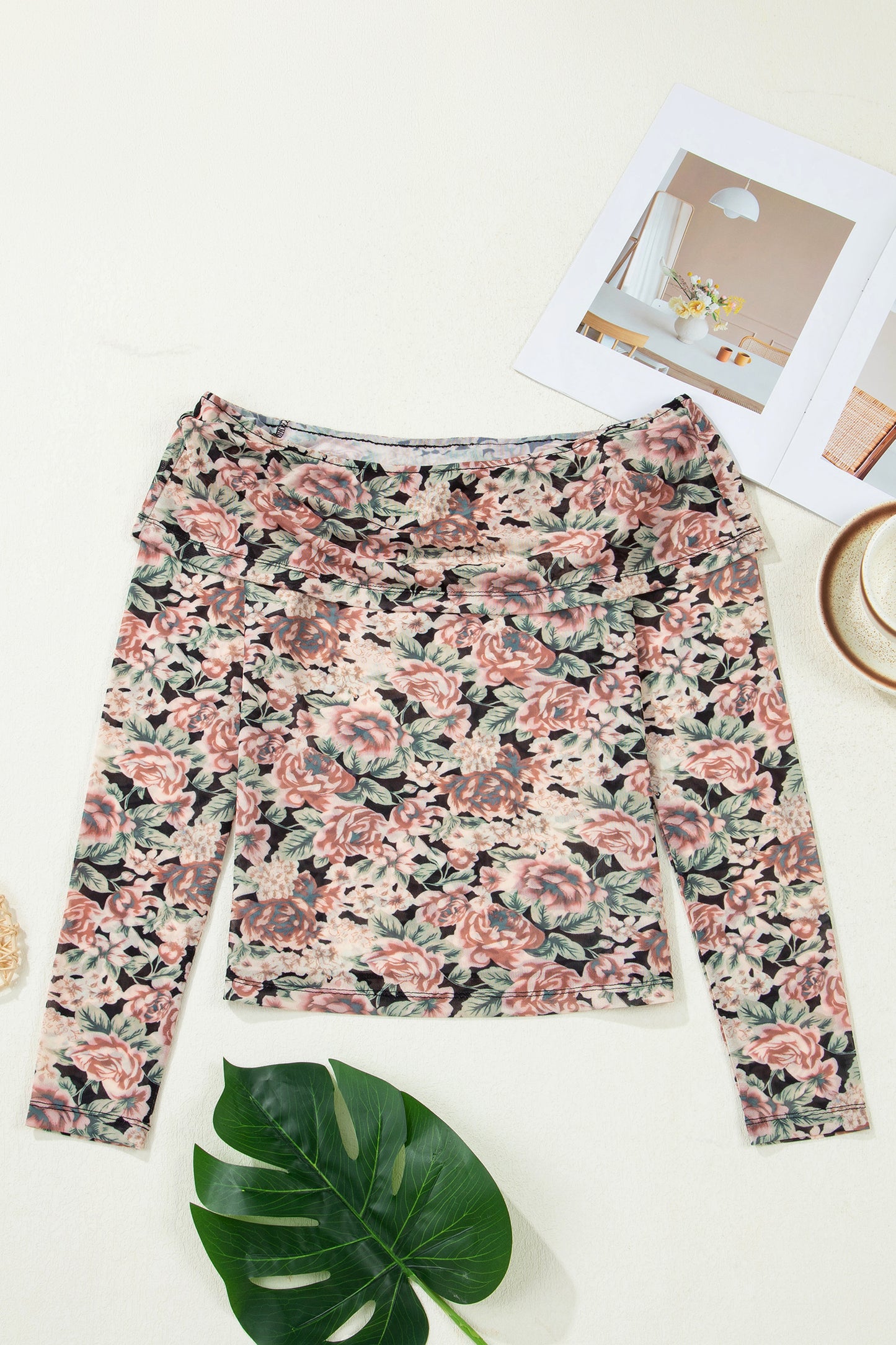 Black Floral Print Mesh Long Sleeve Foldover Off Shoulder Top-Tops/Long Sleeve Tops-[Adult]-[Female]-2022 Online Blue Zone Planet