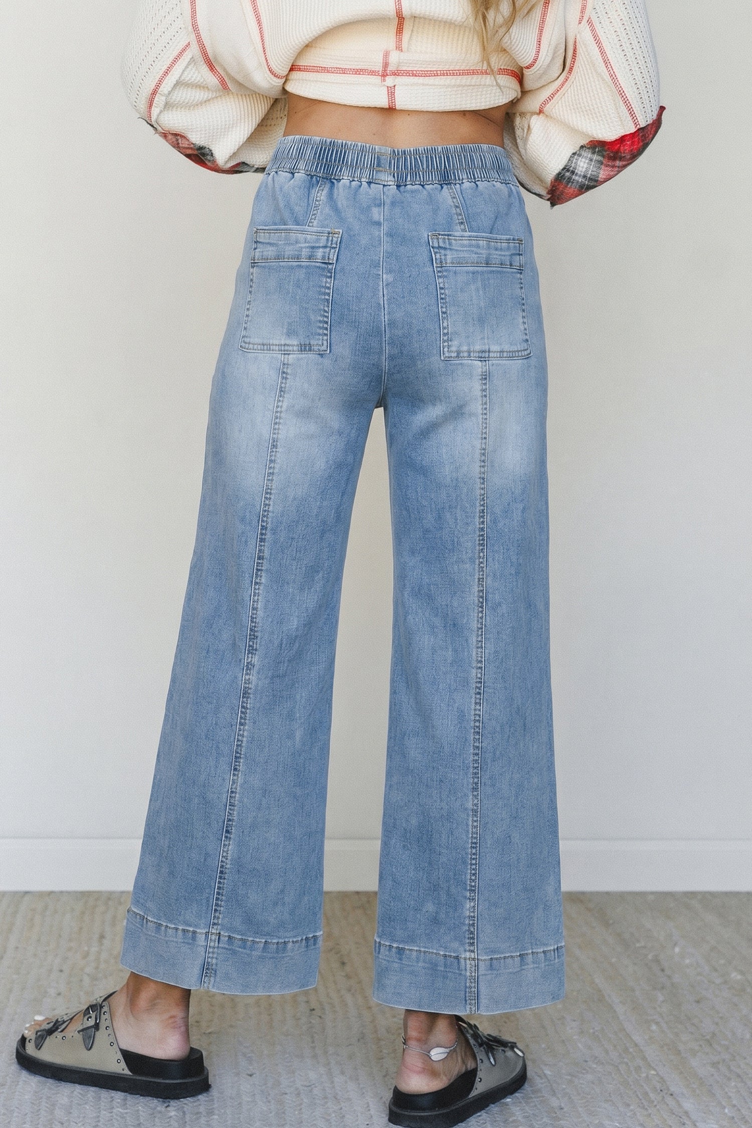 Beau Blue Drawstring Waist Wide Leg Ankle Length Jeans-Bottoms/Jeans-[Adult]-[Female]-2022 Online Blue Zone Planet