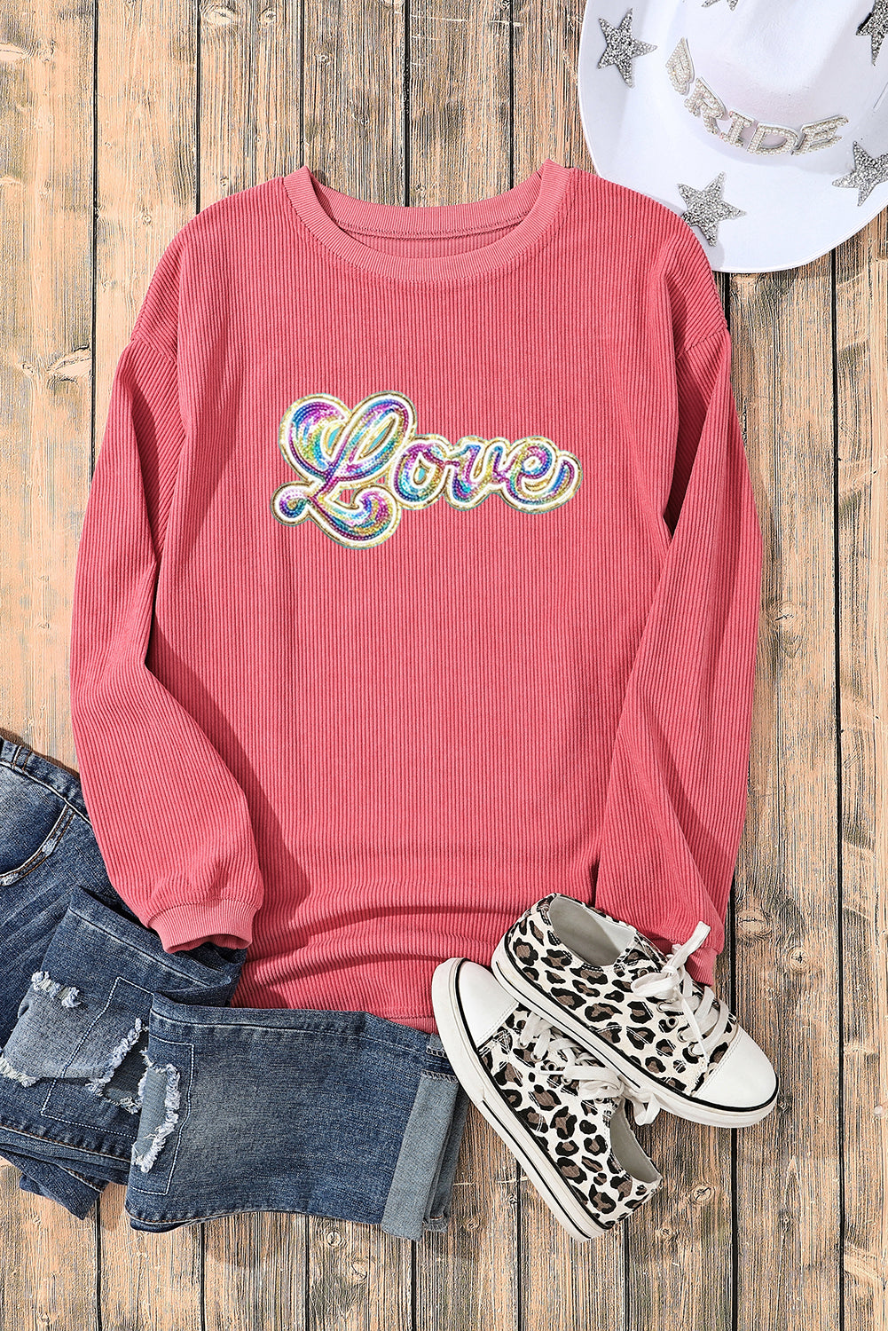 Strawberry Pink Sequin Love Graphic Corded Valentines Sweatshirt-Graphic Sweatshirts-[Adult]-[Female]-2022 Online Blue Zone Planet