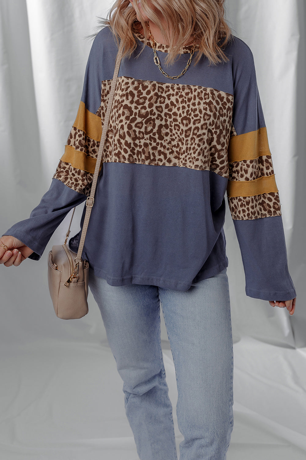 Dark Blue Leopard Colorblock Patchwork Long Sleeve Drop Shoulder Top-Tops/Long Sleeve Tops-[Adult]-[Female]-2022 Online Blue Zone Planet