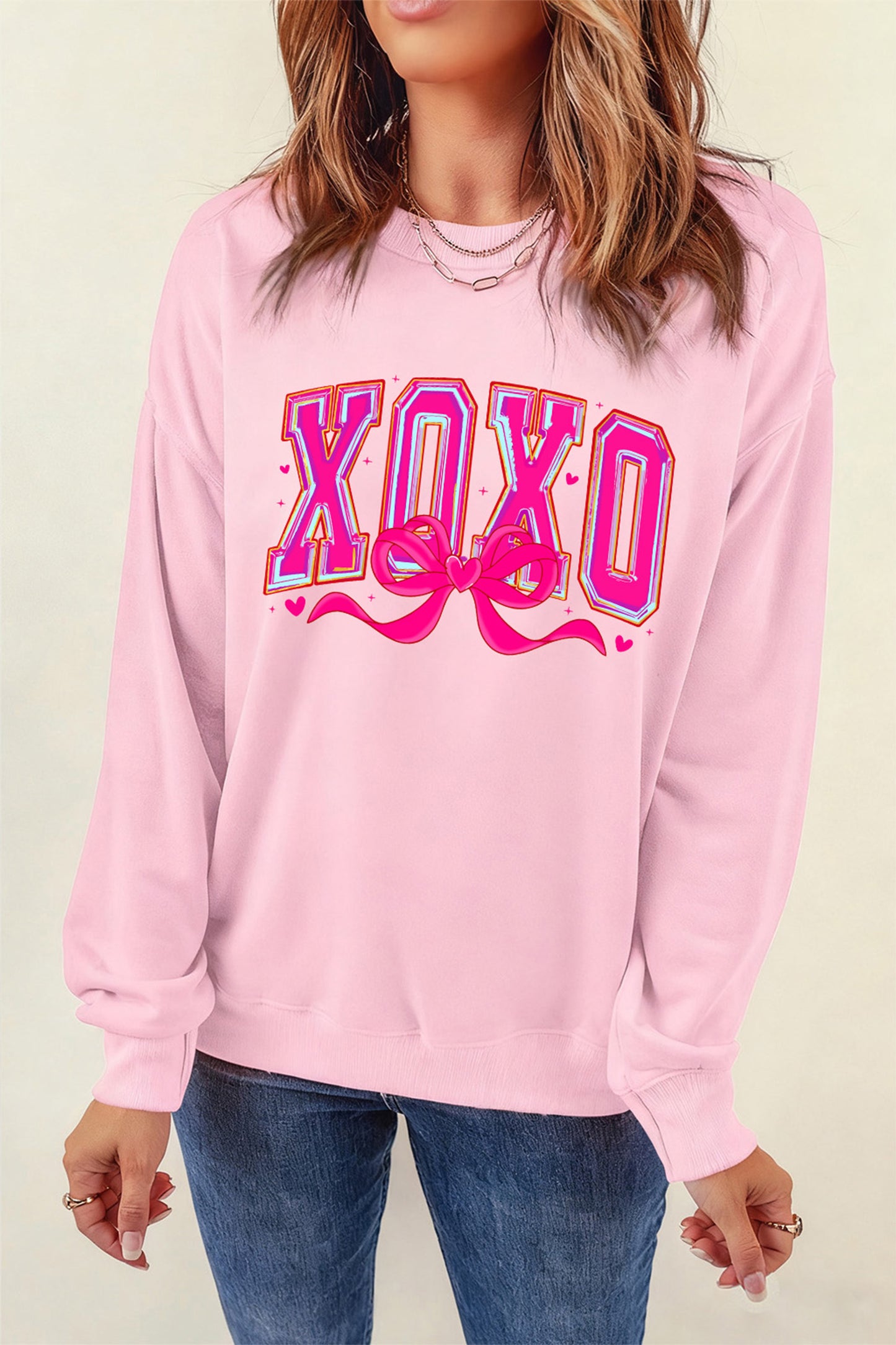 Pink XOXO Valentines Day Heart Ribbon Bow Printed Pullover Sweatshirt-Graphic Sweatshirts-[Adult]-[Female]-2022 Online Blue Zone Planet
