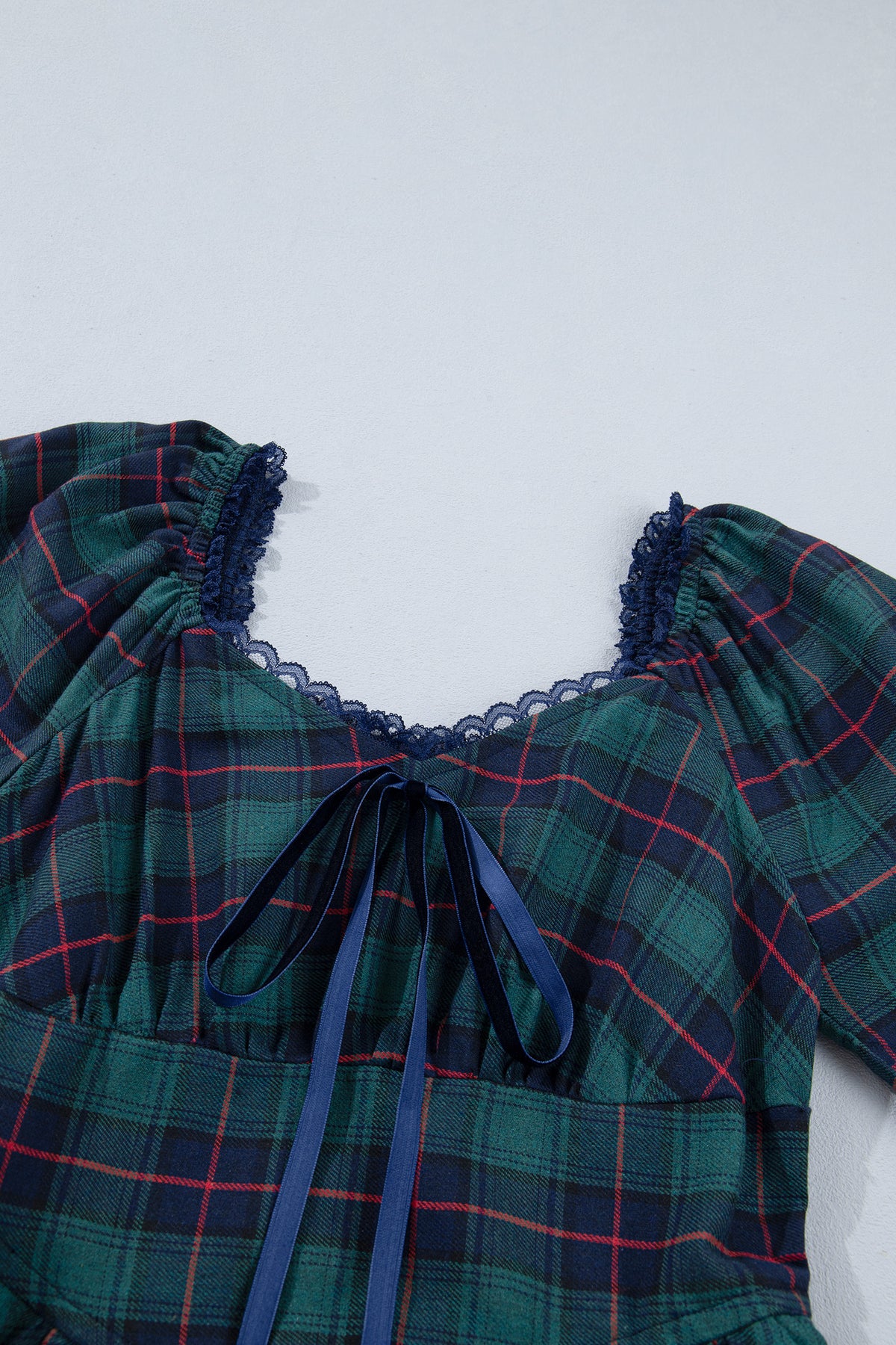 Green Vintage Plaid Square Neck Lace Trim Long Sleeve Shift Dress-TOPS / DRESSES-[Adult]-[Female]-2022 Online Blue Zone Planet