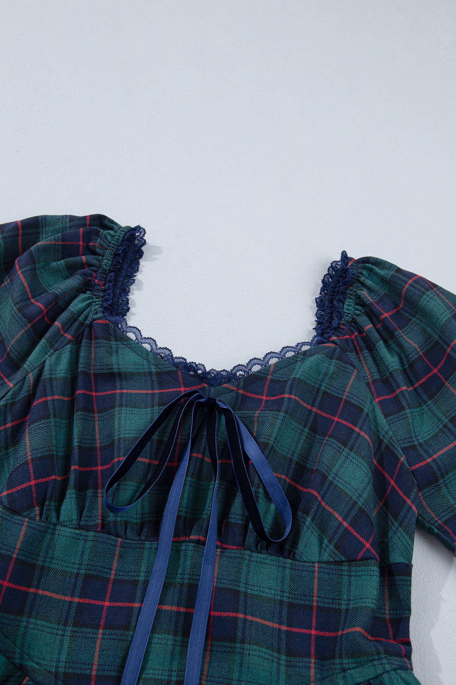 Green Vintage Plaid Square Neck Lace Trim Long Sleeve Shift Dress-TOPS / DRESSES-[Adult]-[Female]-2022 Online Blue Zone Planet