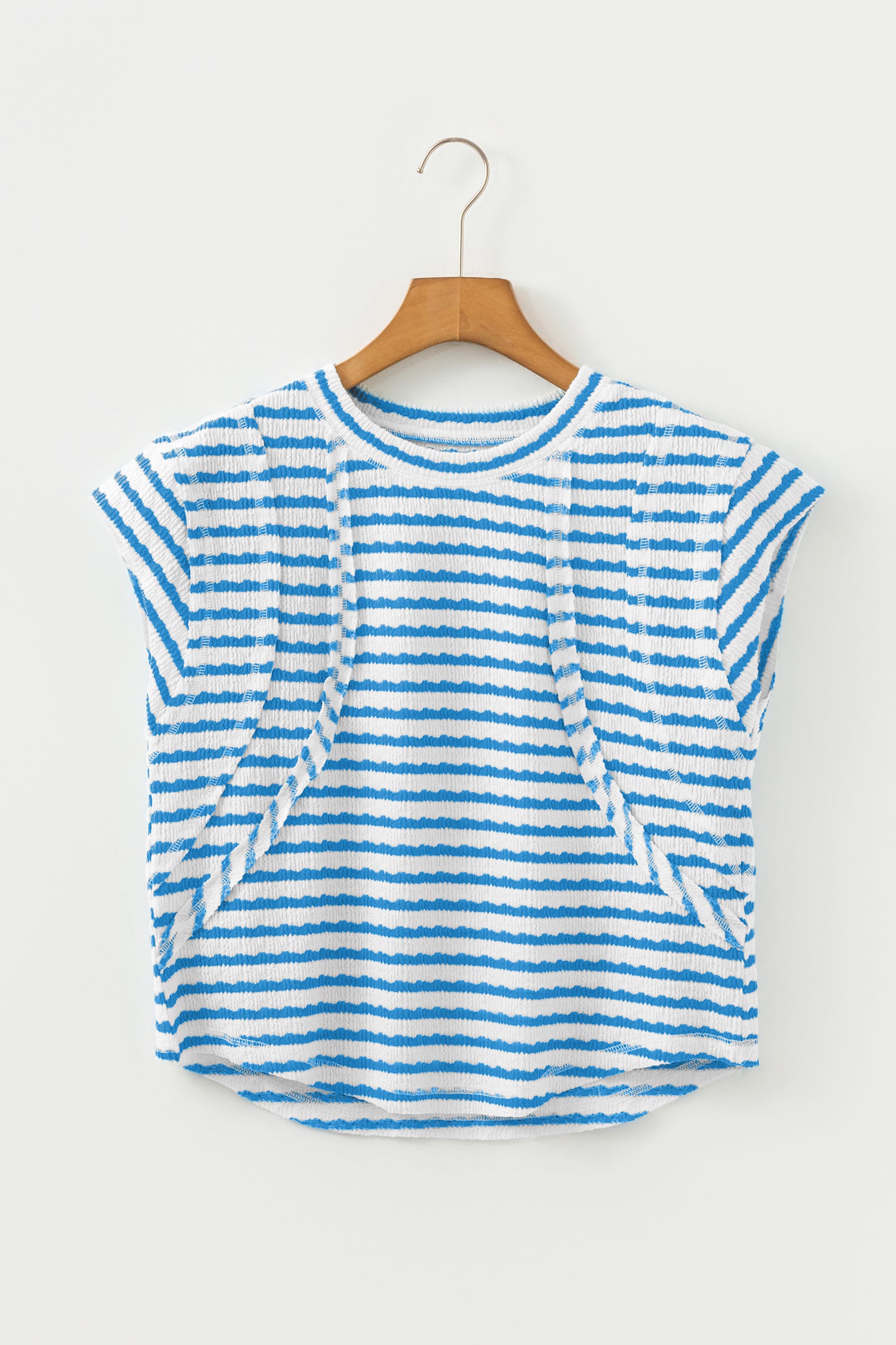 Blue Stripe Textured Short Sleeve Patchwork T Shirt-Tops/Tops & Tees-[Adult]-[Female]-2022 Online Blue Zone Planet