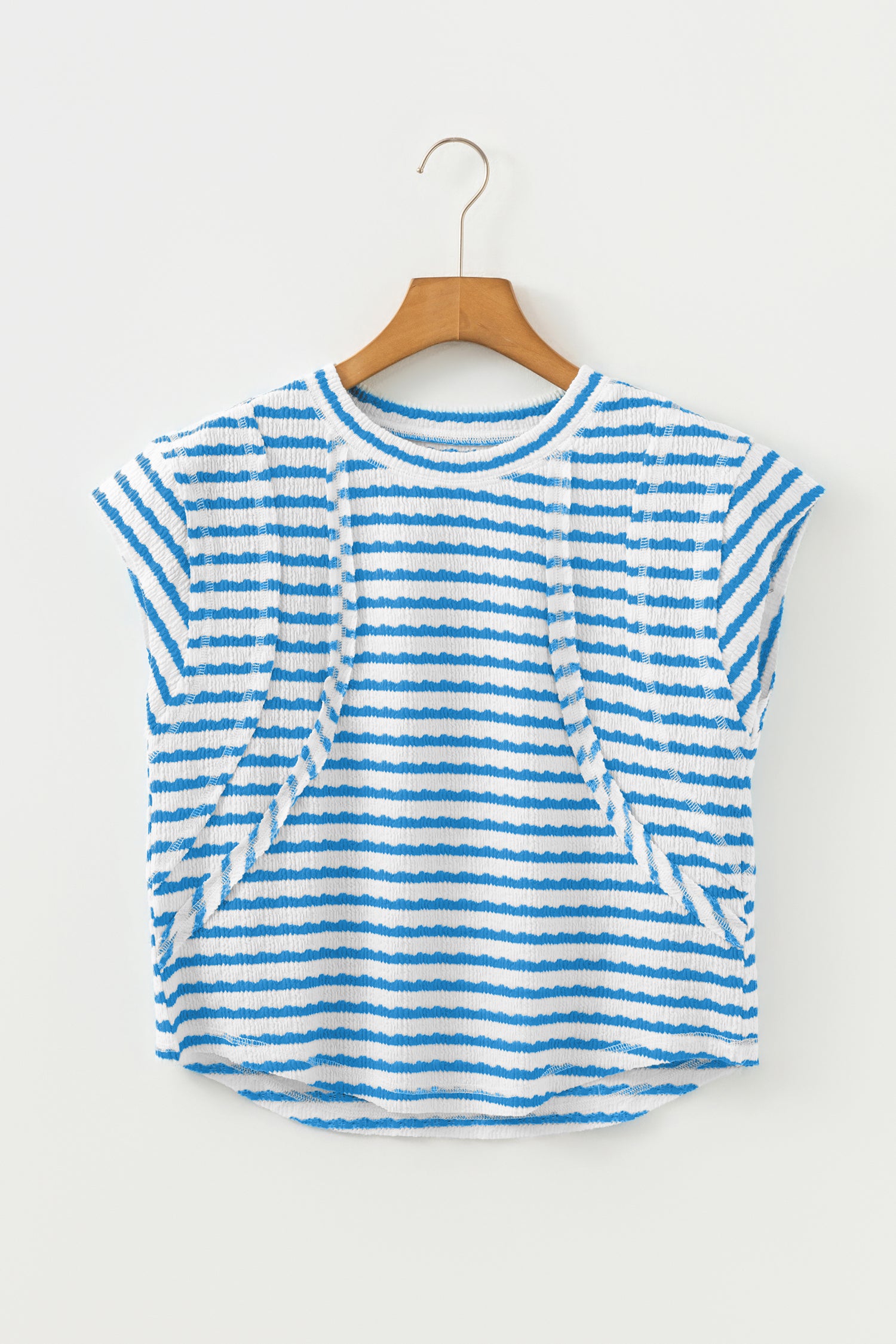 Blue Stripe Textured Short Sleeve Patchwork T Shirt-Tops/Tops & Tees-[Adult]-[Female]-2022 Online Blue Zone Planet