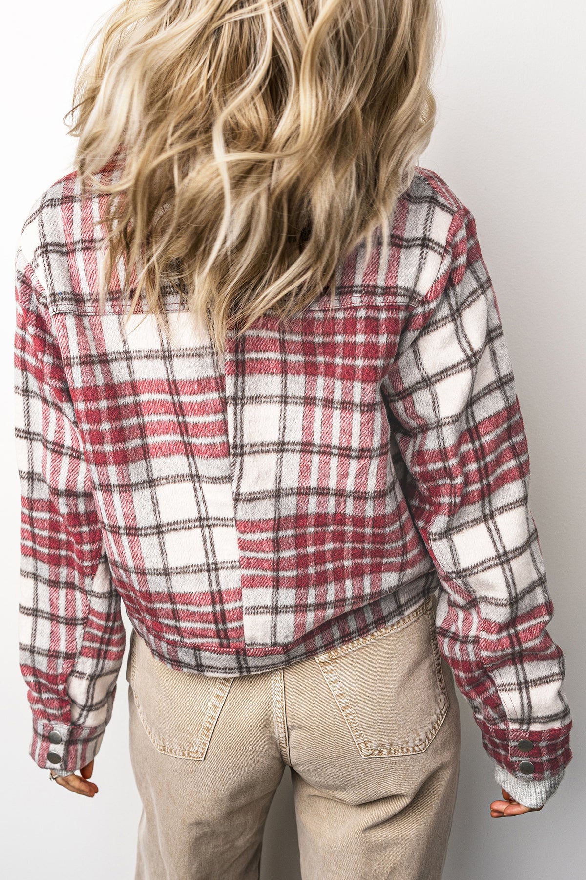 Red Plaid Flannel Metal Button Collar Long Sleeve Vintage Shift Jacket-Outerwear/Jackets-[Adult]-[Female]-2022 Online Blue Zone Planet