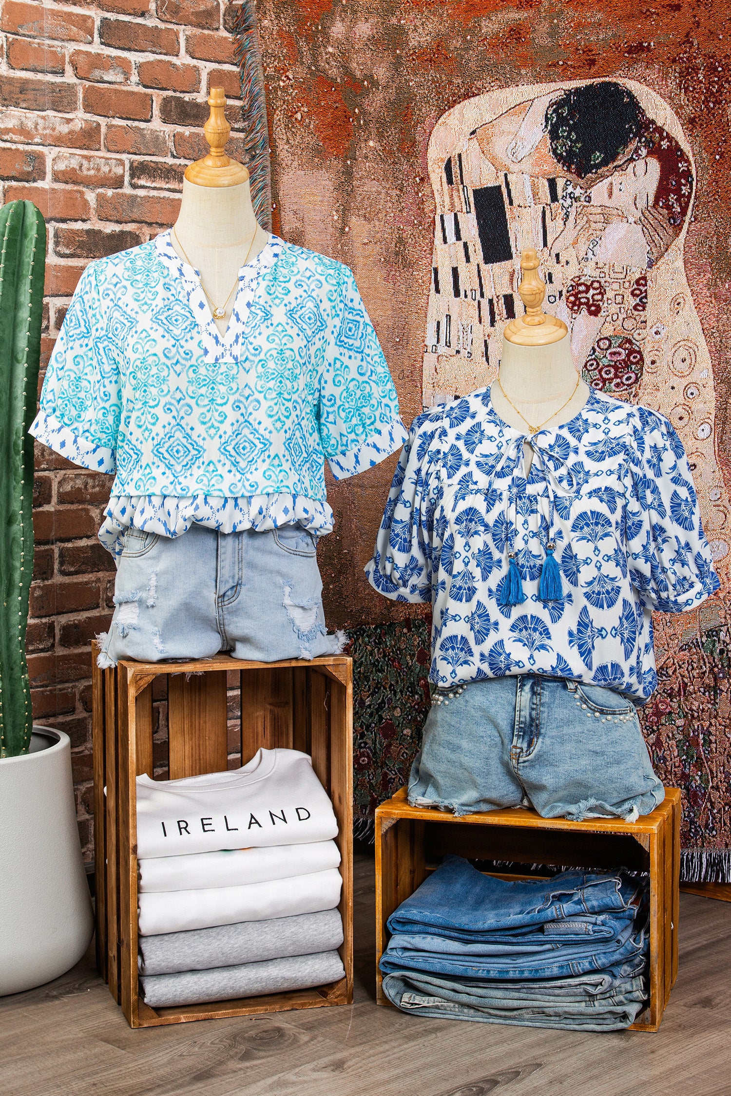 Sky Blue Geometric Print Tassel Drawstring V Neck Blouse-Tops/Blouses & Shirts-[Adult]-[Female]-2022 Online Blue Zone Planet