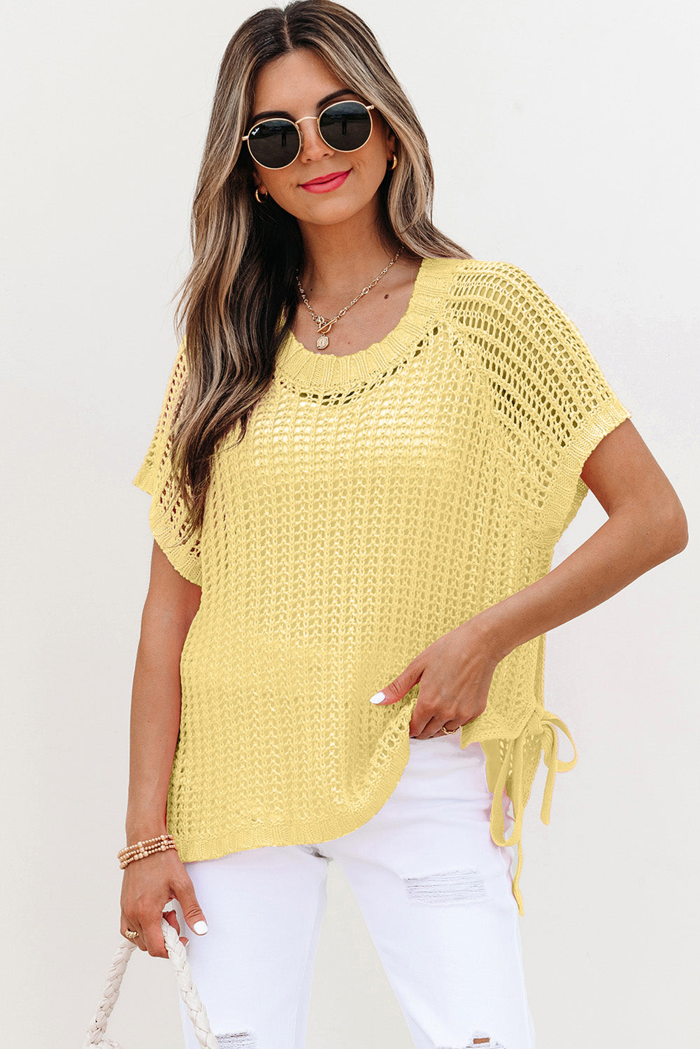 Yellow Cream Hollow-Out Crochet Side Tied Short Sleeve Sweater-TOPS / DRESSES-[Adult]-[Female]-2022 Online Blue Zone Planet